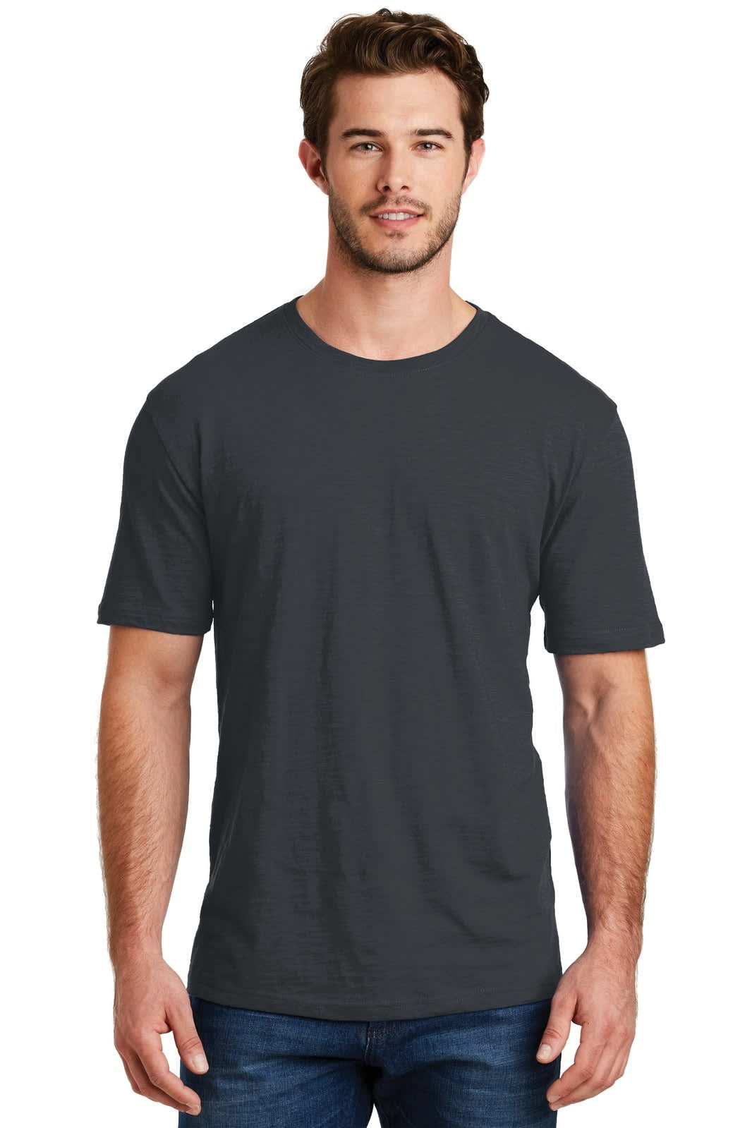 A grey crew neck t-shirt on a male model, featuring short sleeves and a relaxed fit. The shirt has a logo.