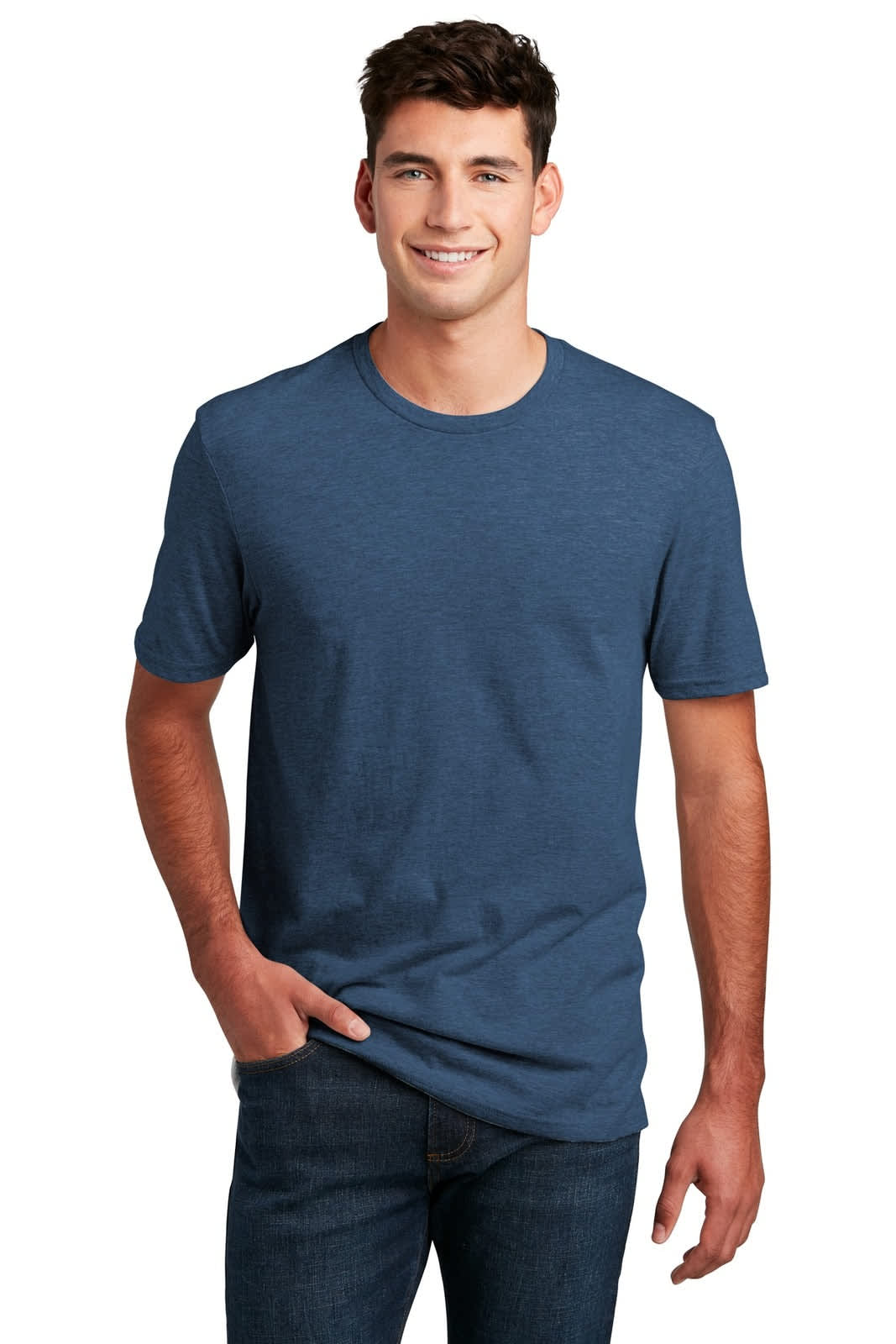 A blue crew tee for men displayed on a model, featuring a logo. The shirt has short sleeves and a classic fit.