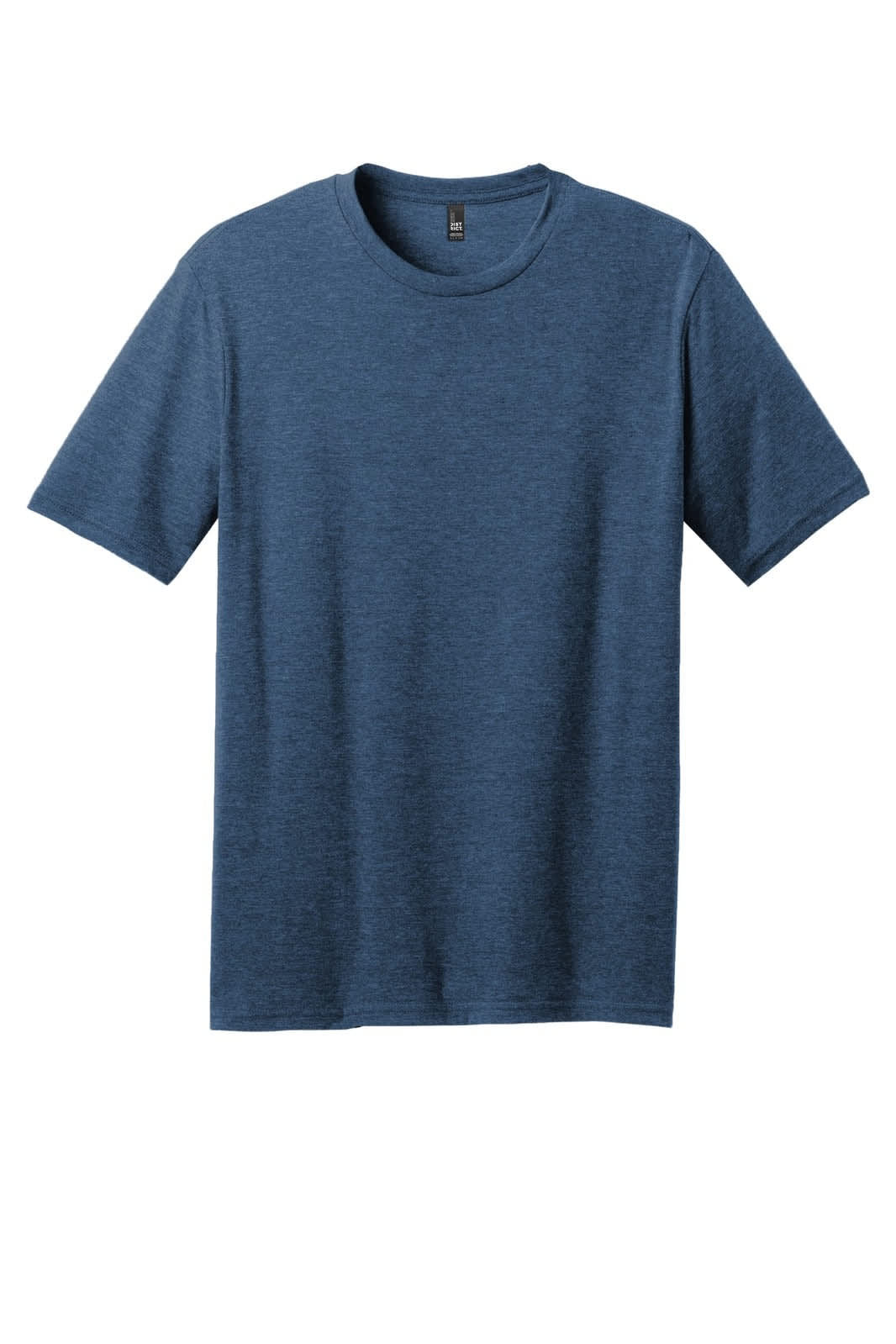 A blue crew tee made from a blend of materials, featuring short sleeves and a simple design. It has a logo at the collar.