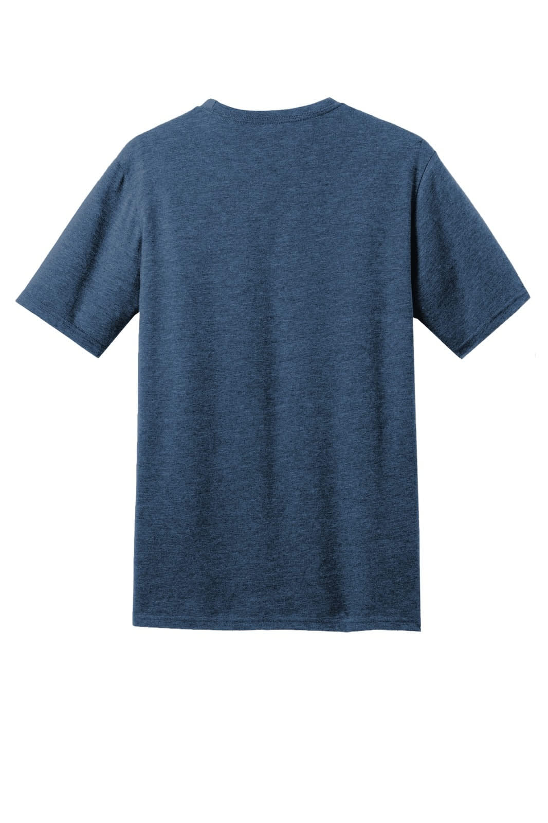 A blue crew tee, featuring short sleeves and a plain back, with a logo present on the fabric.