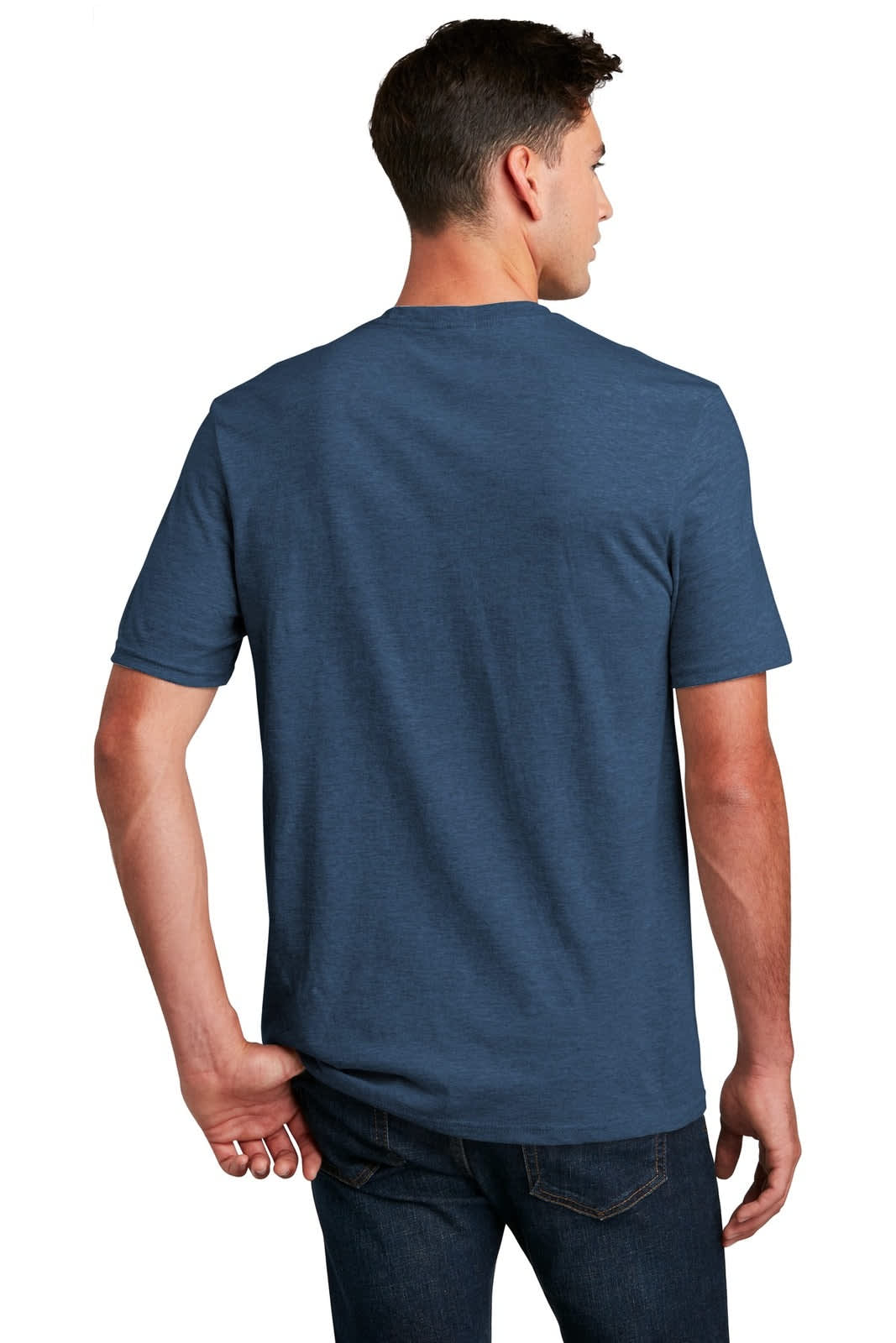 A men's crew tee in navy blue, featuring a simple design and a back view. The shirt has a logo on it.