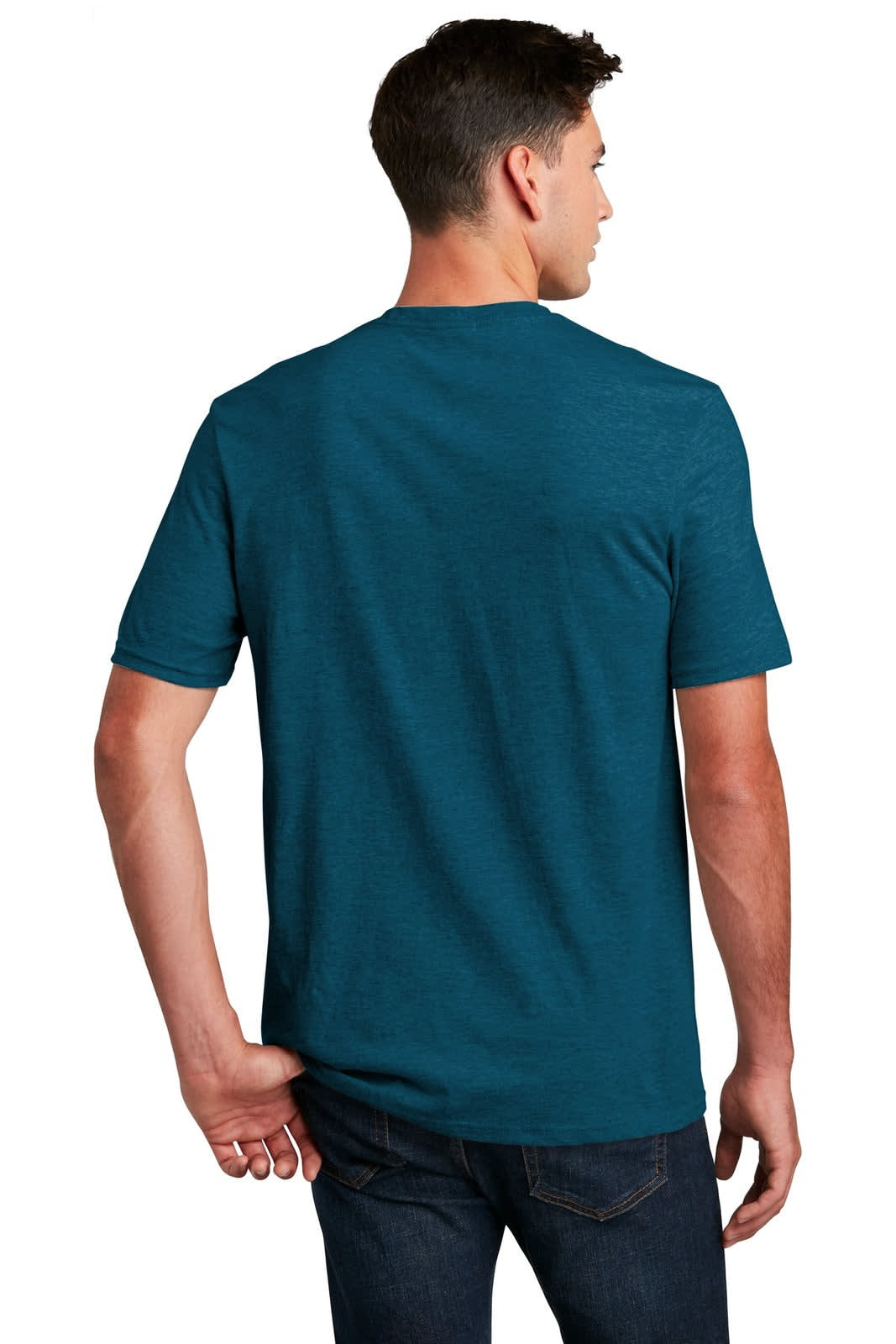 A men's crew tee in a teal blue colour, featuring a simple design and short sleeves, with a logo on the back.