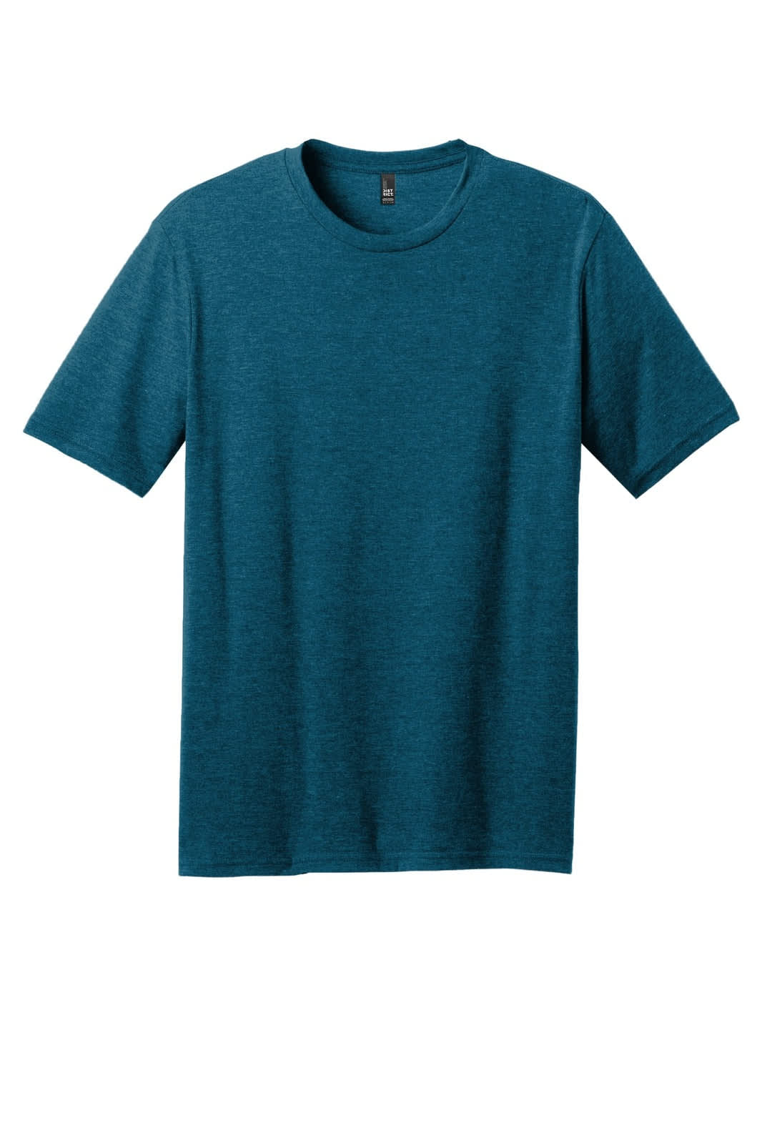 A teal crew neck t-shirt made from a blend of materials, featuring short sleeves and a logo.