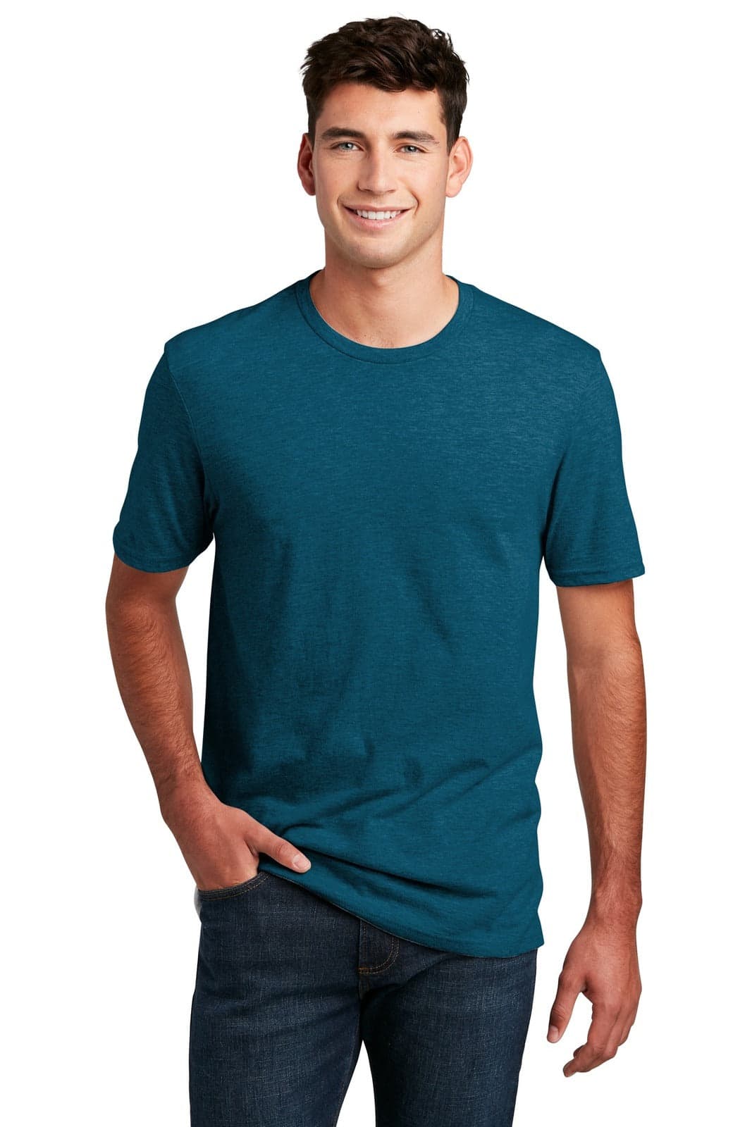 A teal men's crew tee with short sleeves, featuring a logo on the front and a relaxed fit.