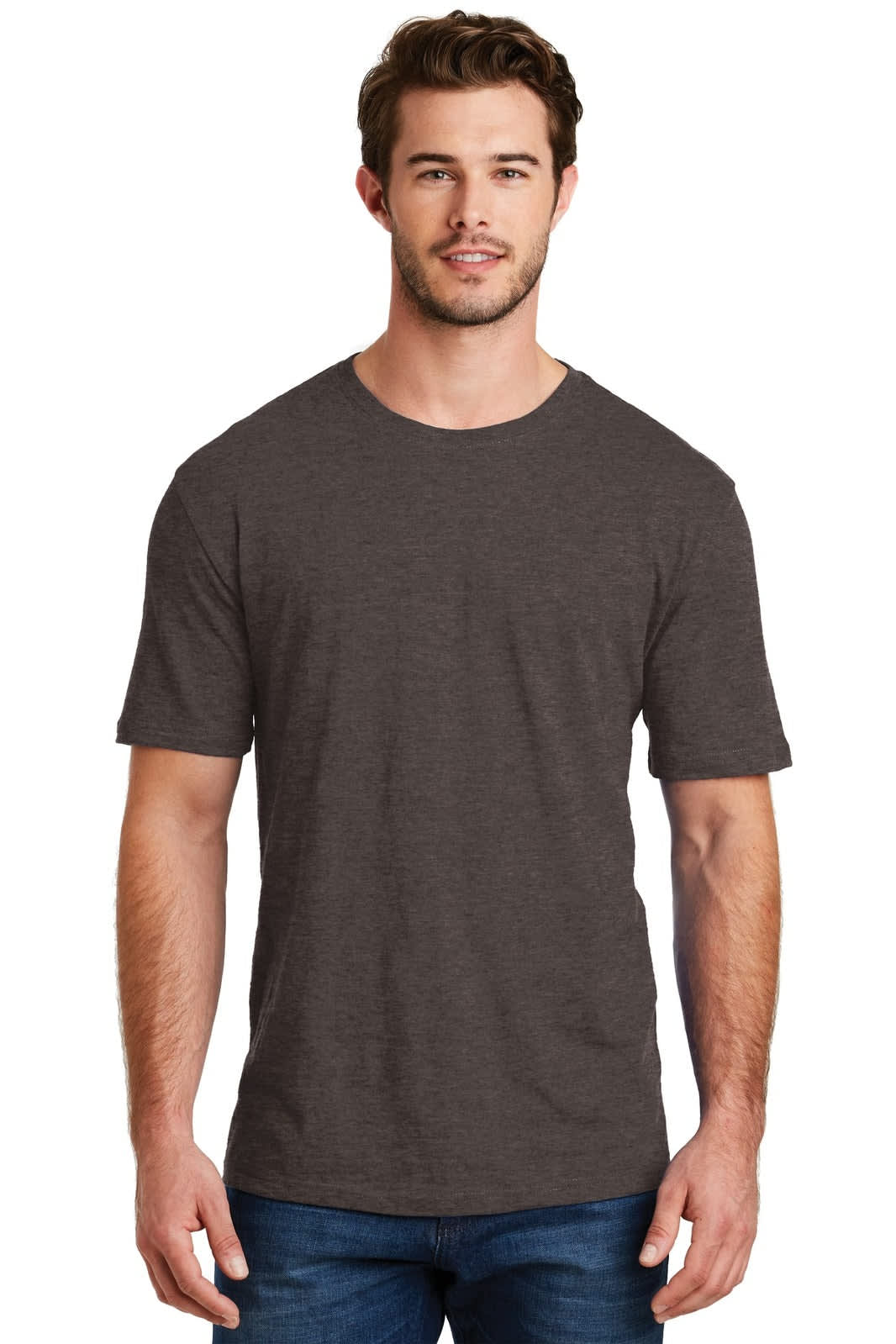A men's crew t-shirt in a dark grey shade, featuring short sleeves and a simple design. It has a logo on it.
