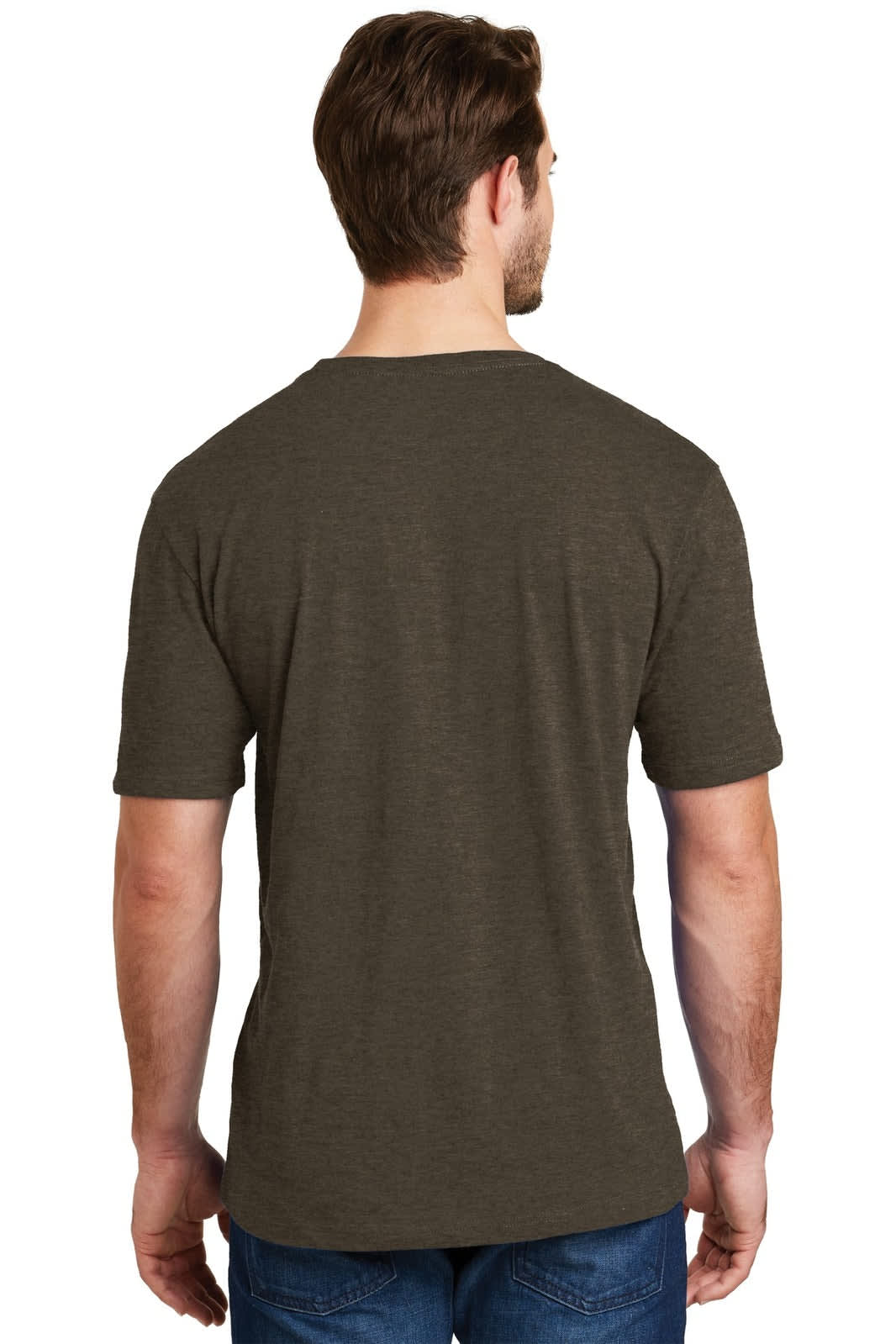 A men's crew tee in a rich olive colour, featuring a logo, viewed from the back.