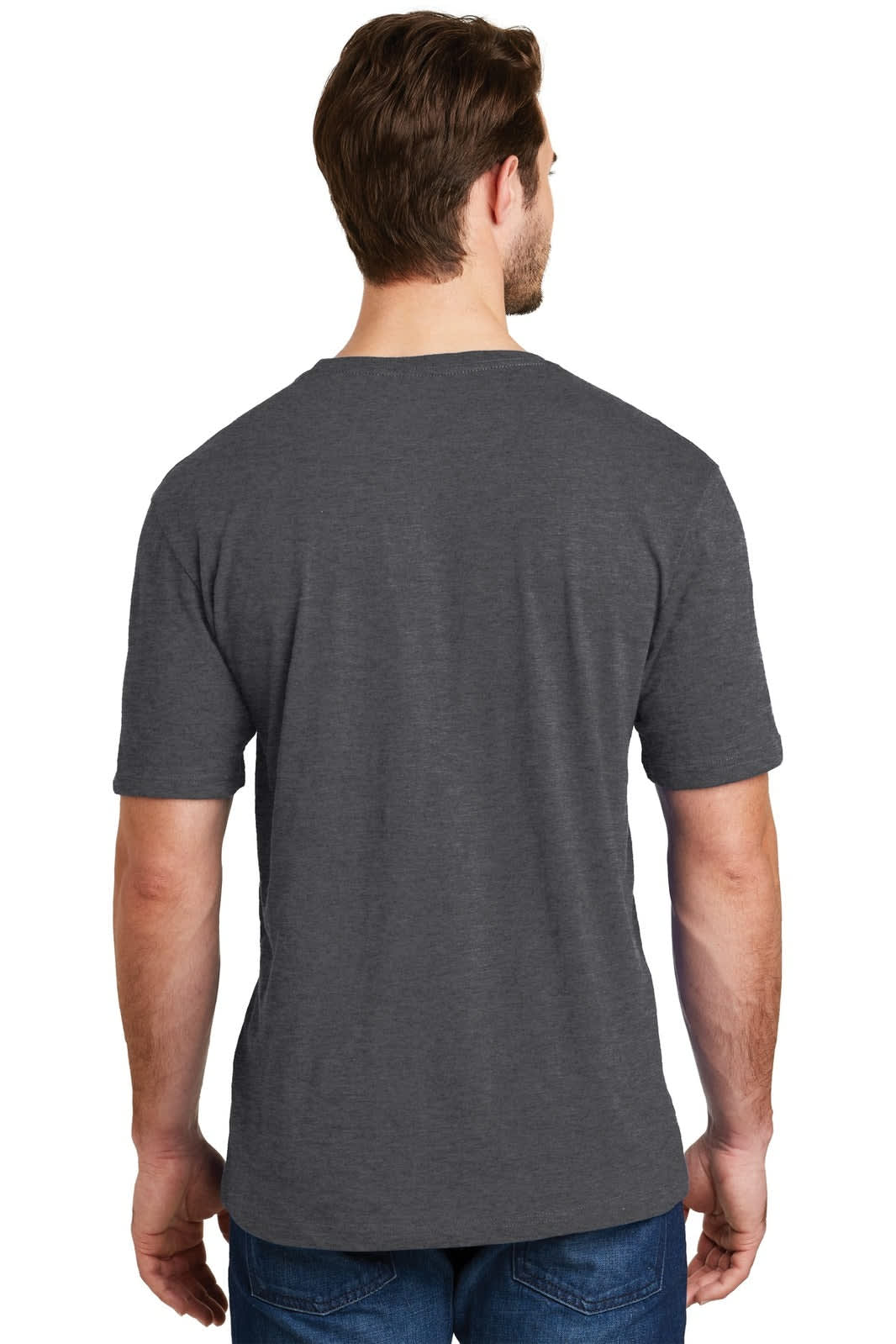 A grey men's crew t-shirt from the back, featuring a simple design and short sleeves. It has a logo.