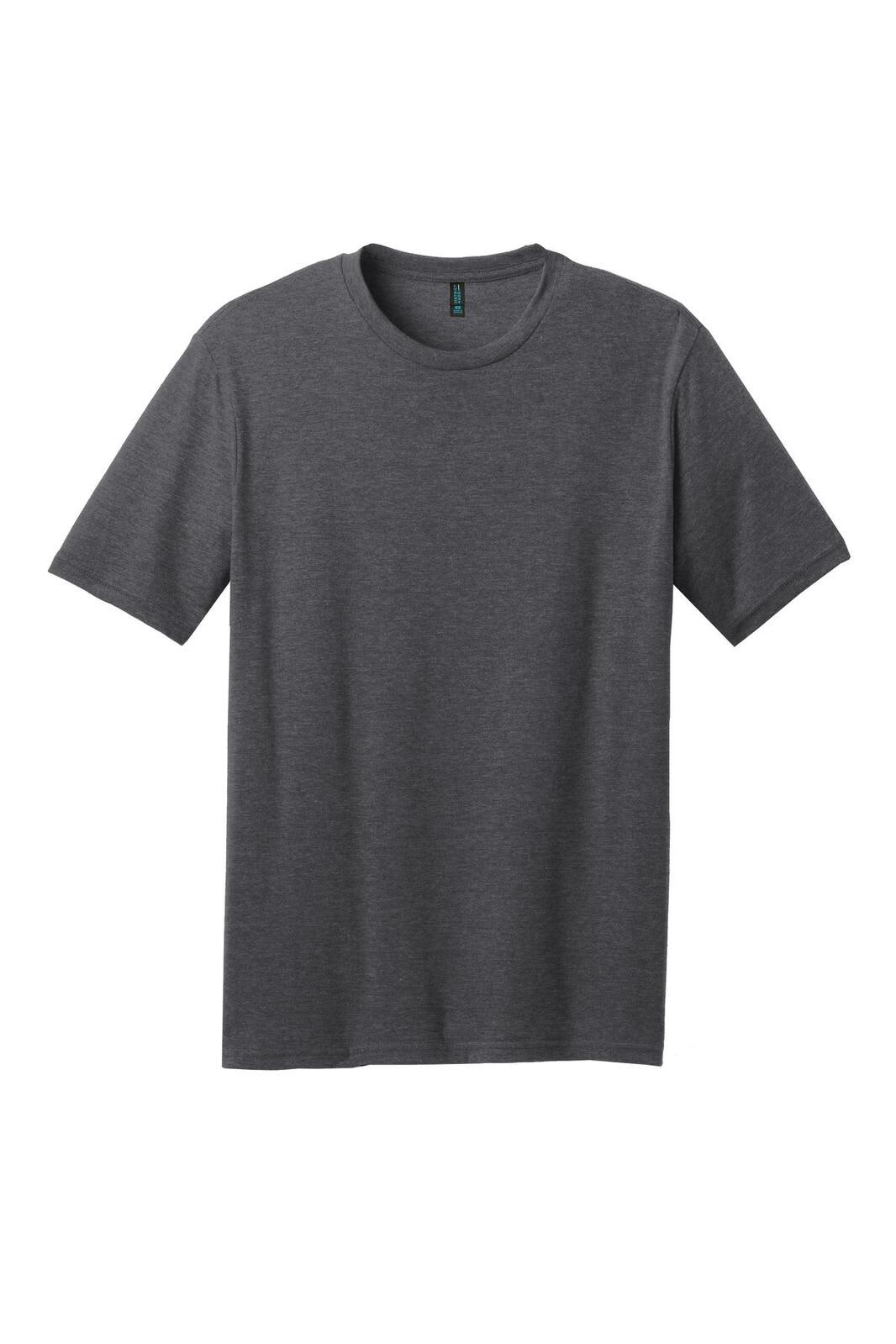 A grey crew neck t-shirt with short sleeves, featuring a subtle logo.