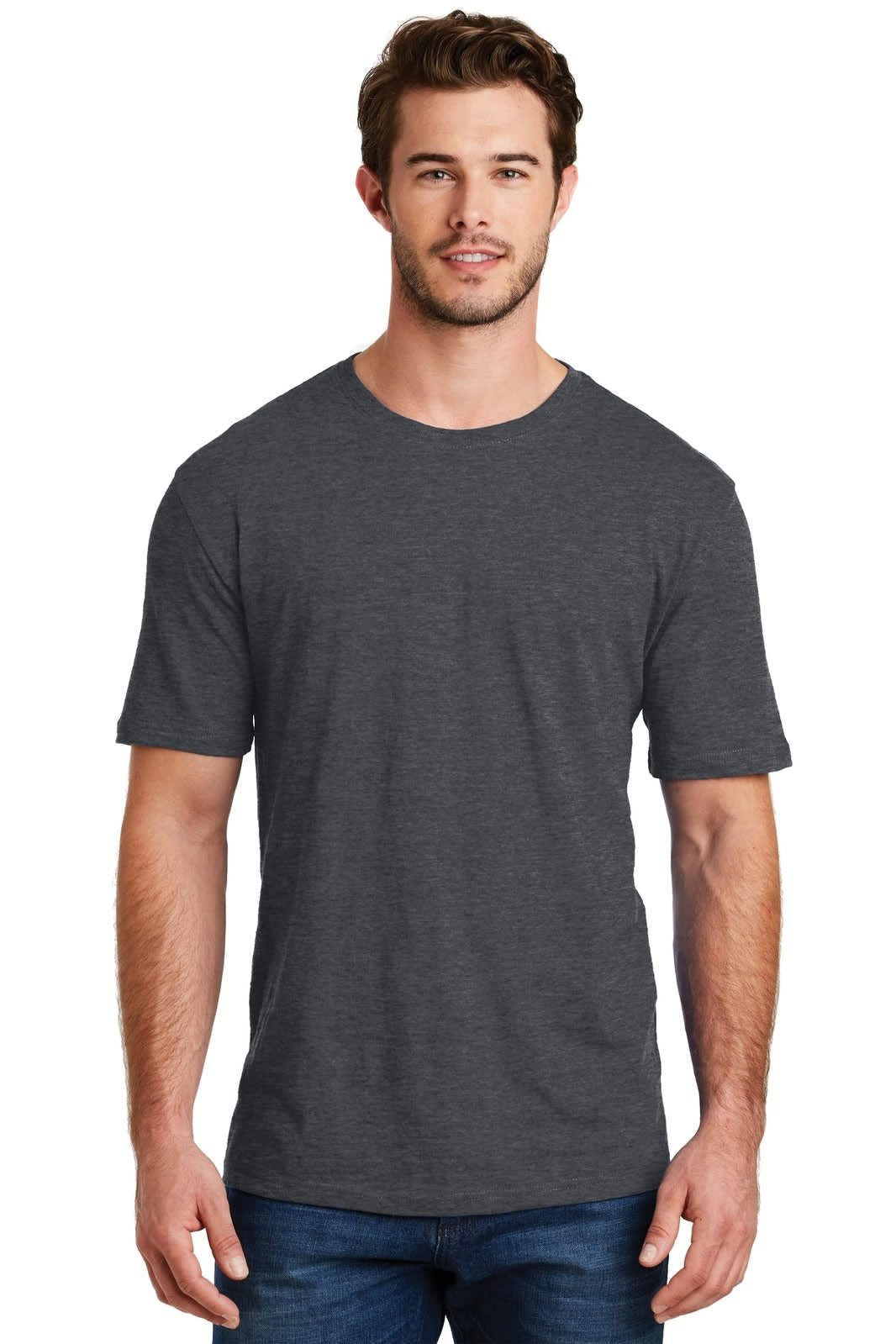 A crew-neck t-shirt in a charcoal grey colour on a model. It features short sleeves and a logo.