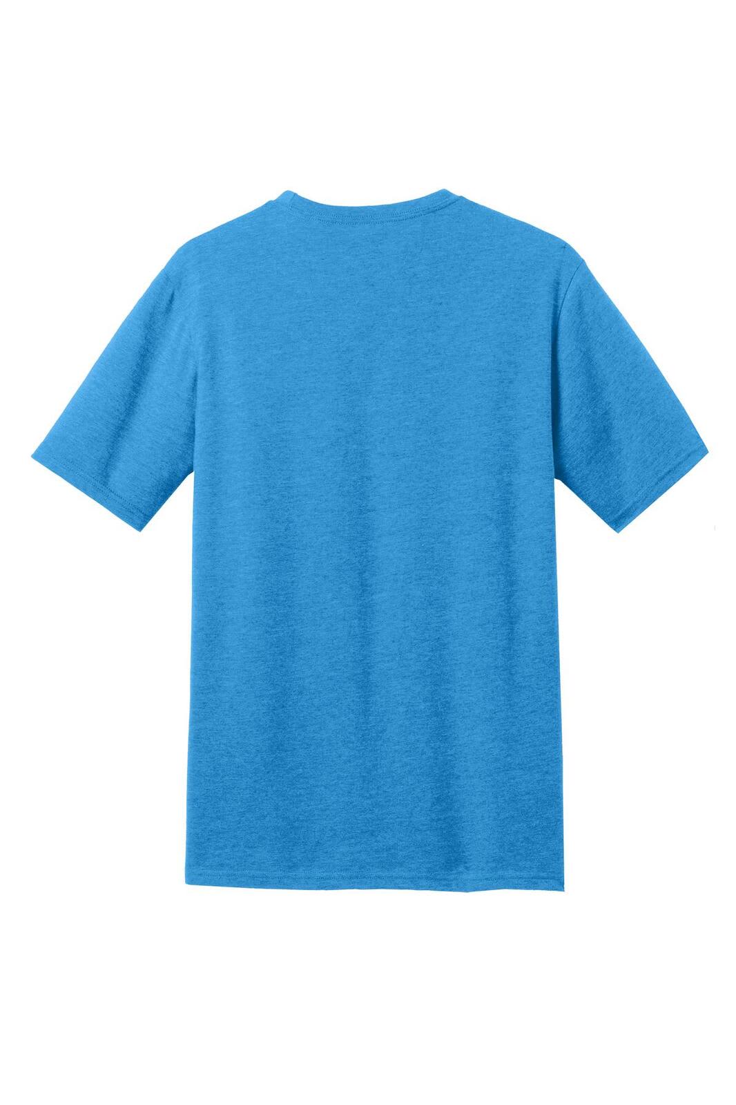 A blue crew t-shirt with short sleeves, featuring a logo on the back.