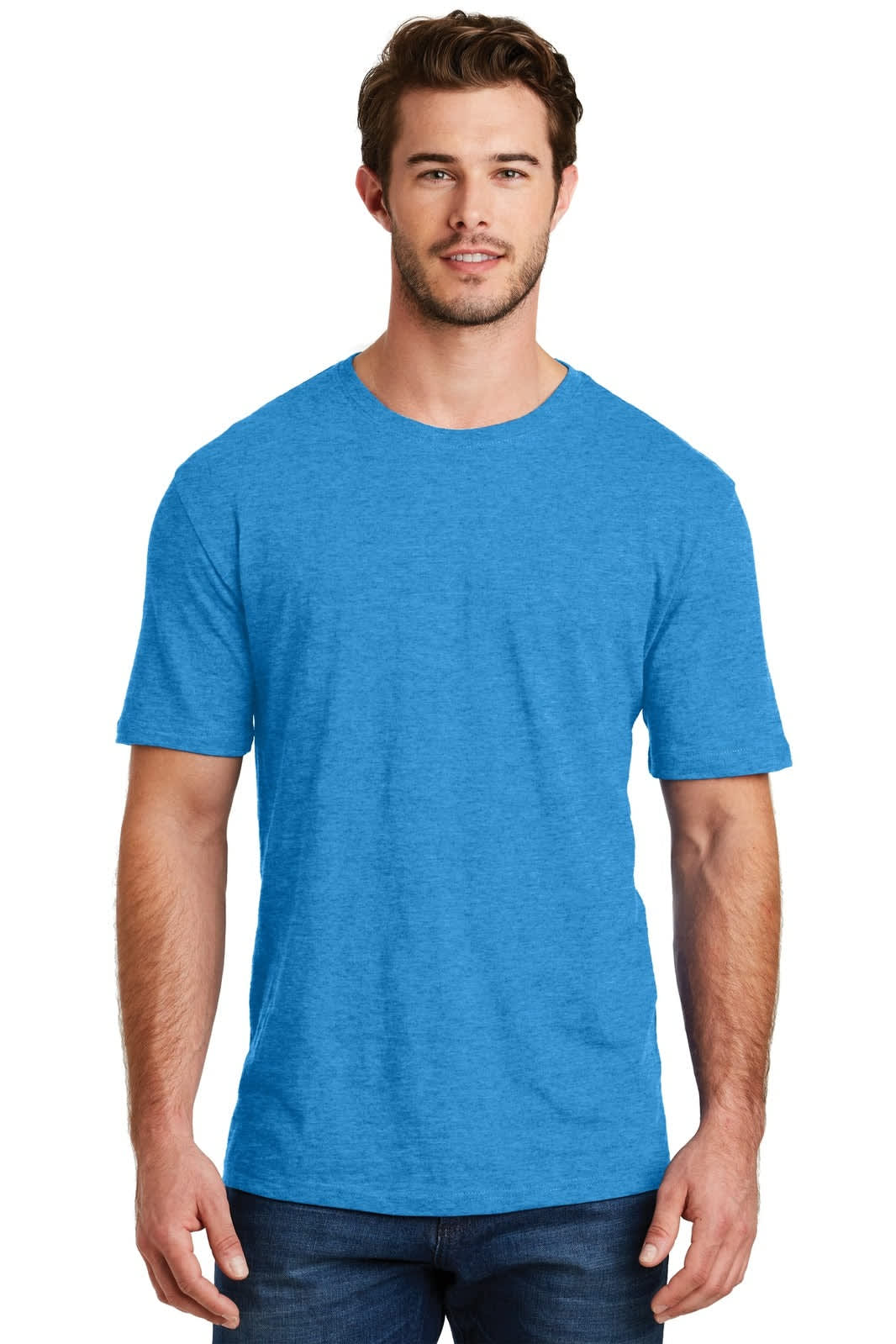A blue crew t-shirt for men, featuring a classic fit and short sleeves, with a logo present.