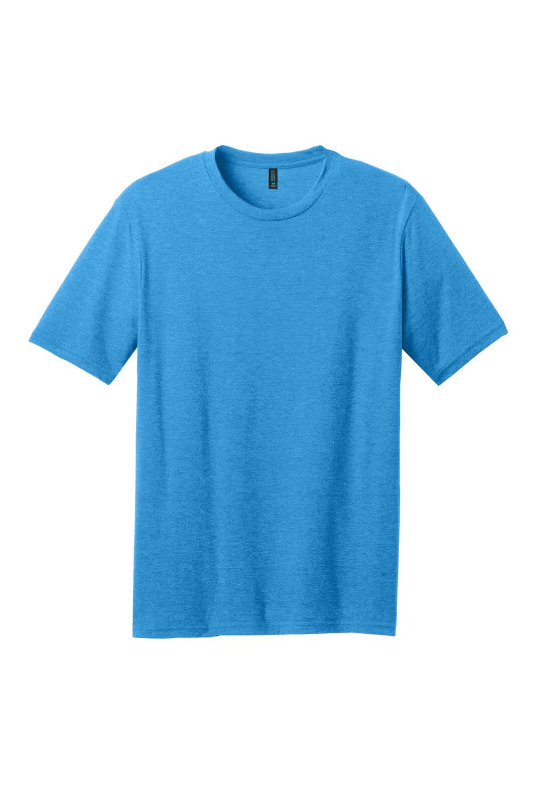 A blue crew-neck T-shirt made from a blend of materials, featuring short sleeves and a logo.