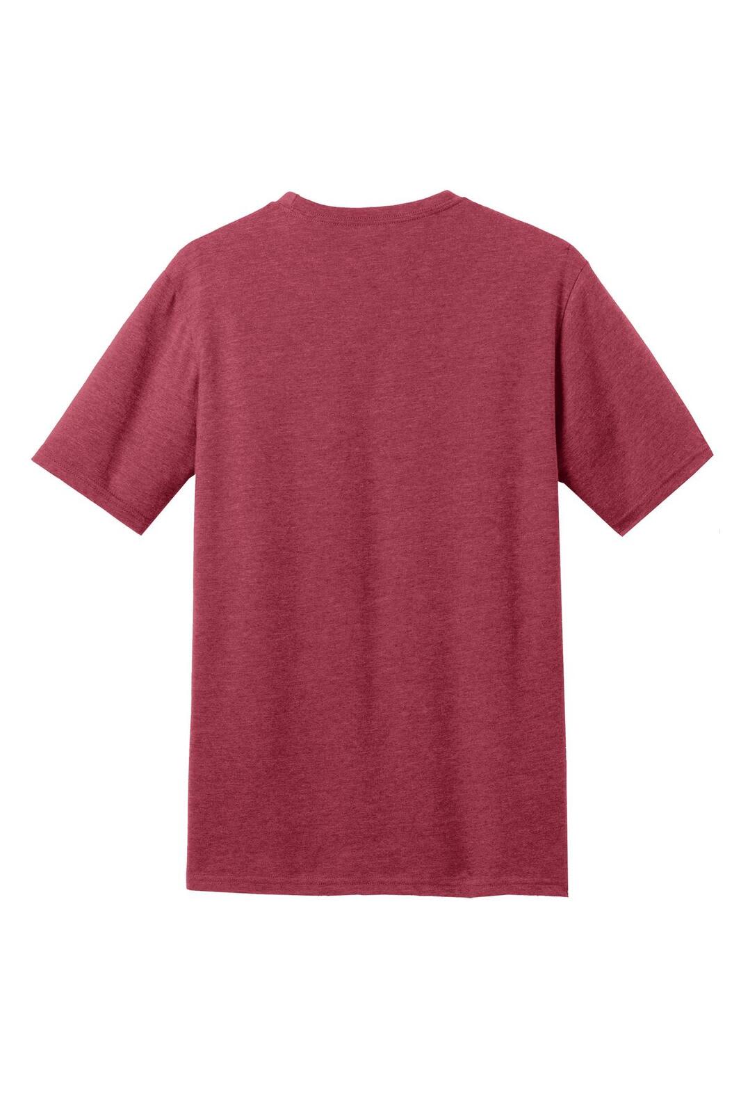 A maroon crew t-shirt with short sleeves, featuring a branding logo on the back.