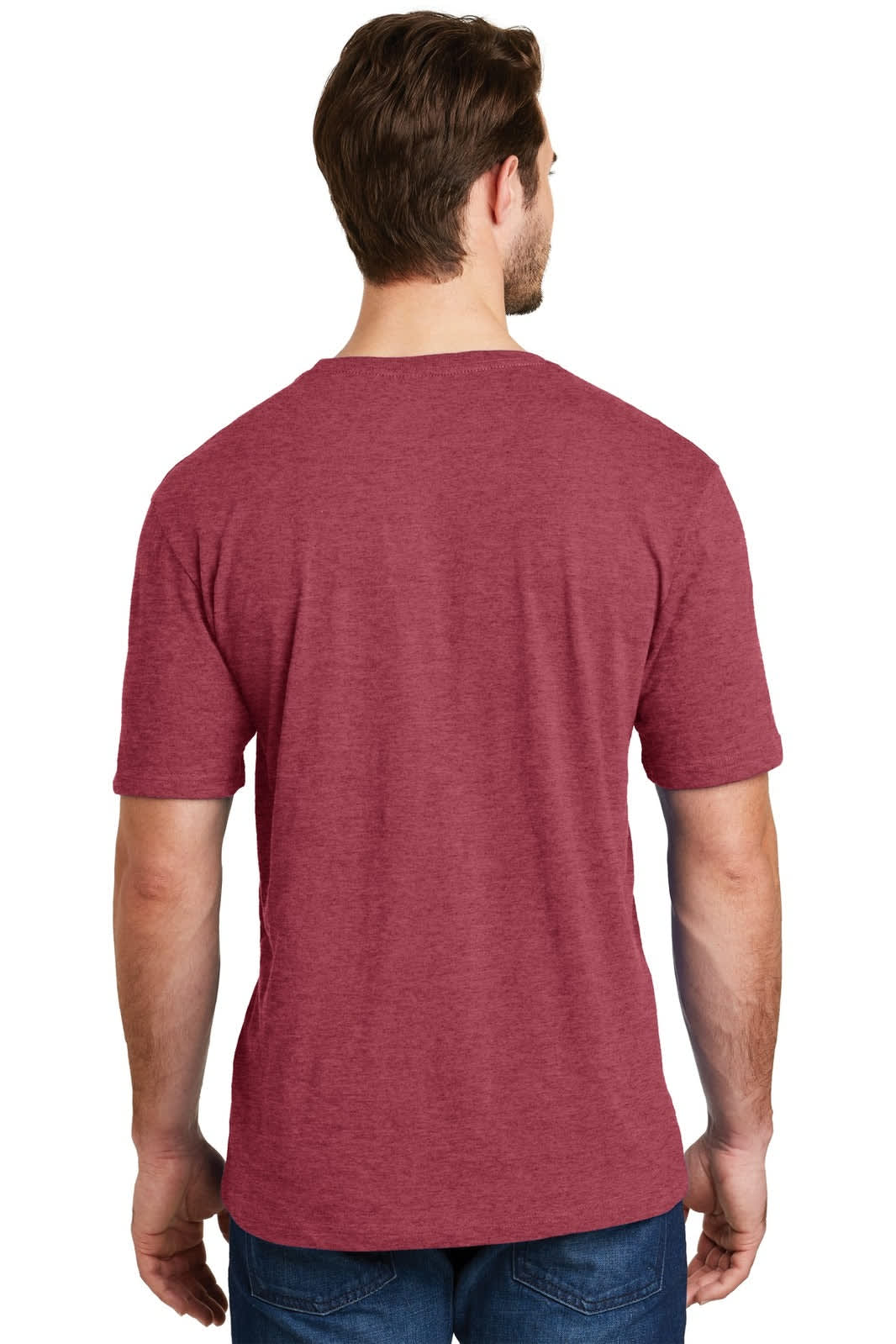 A back view of a men's crew tee in a rich burgundy colour, featuring a plain design and short sleeves.
