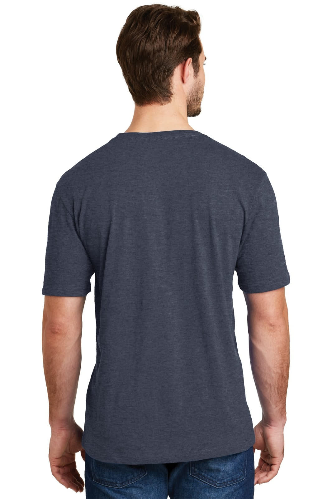 A men's crew tee in a dark navy colour, featuring a simple design and a logo on the back.