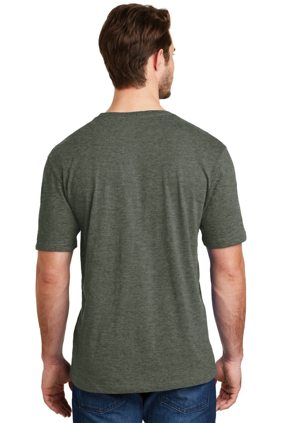 A man wearing a green crew tee shirt, viewed from the back, showcasing a simple design and a fitted style.