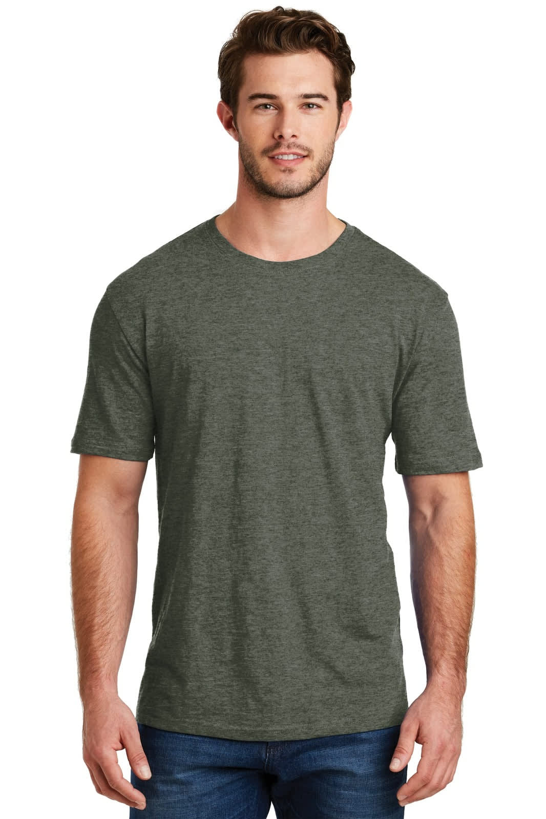 A green crew t-shirt featuring short sleeves and a relaxed fit, worn by a male model. It has a logo.