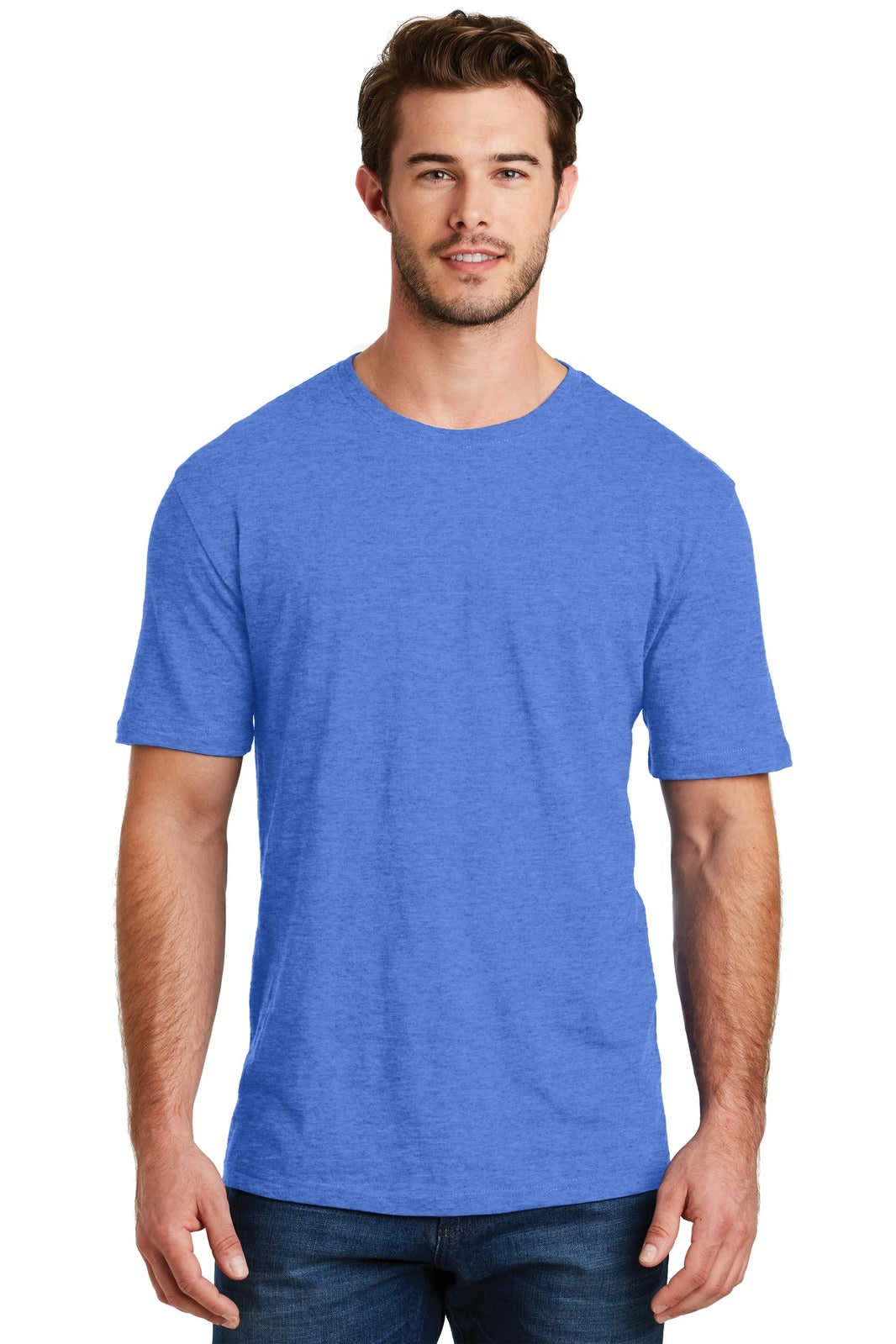 A blue crew neck t-shirt for men, featuring short sleeves and a simple design. It has a logo on it.