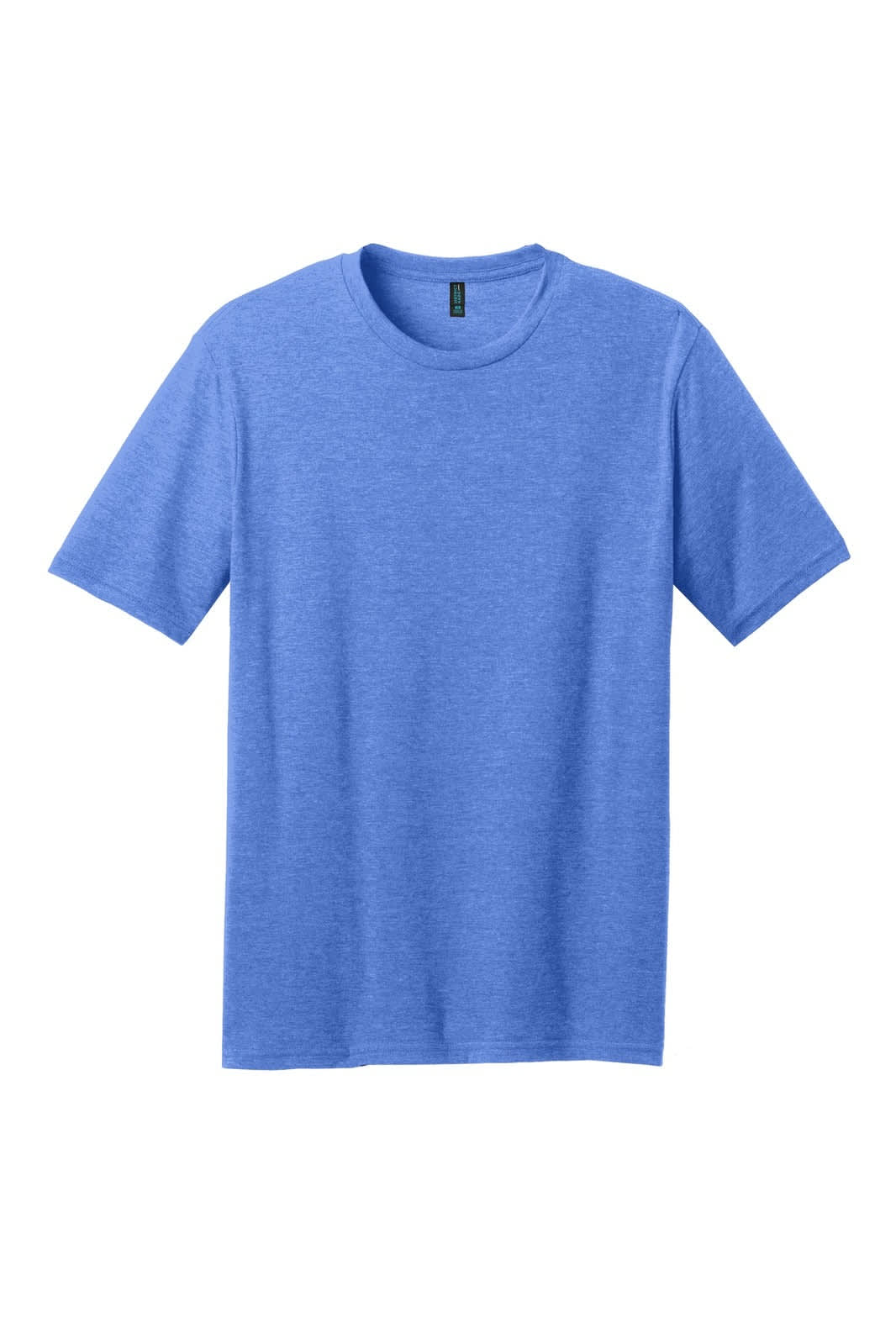 A blue crew neck t-shirt with short sleeves, featuring a logo on the label.