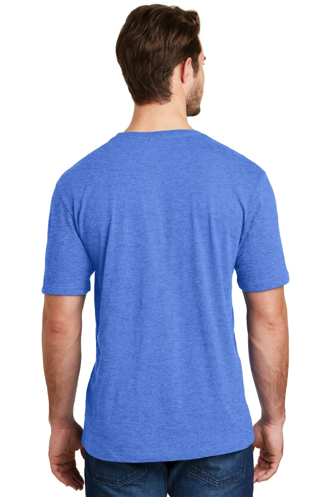 A blue crew t-shirt is displayed on a model, featuring a simple design and a logo on the back.