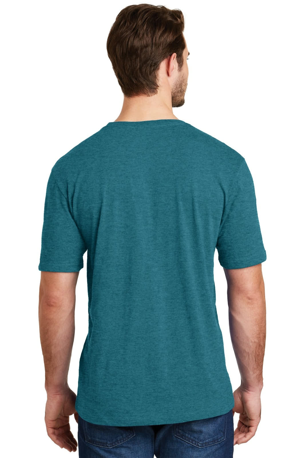 A men's crew tee in teal with a simple design. The back view features short sleeves and a relaxed fit.