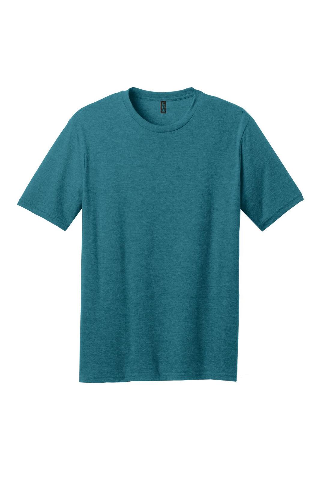 A teal crew neck t-shirt with short sleeves, featuring a logo.