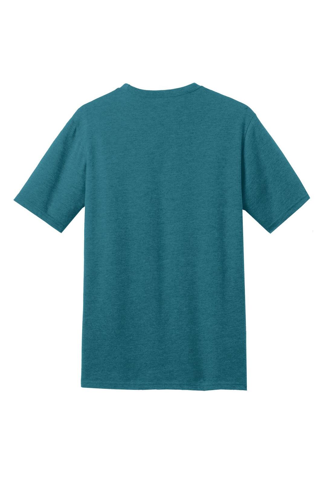 A teal crew tee shirt with short sleeves, featuring a plain back and a logo.