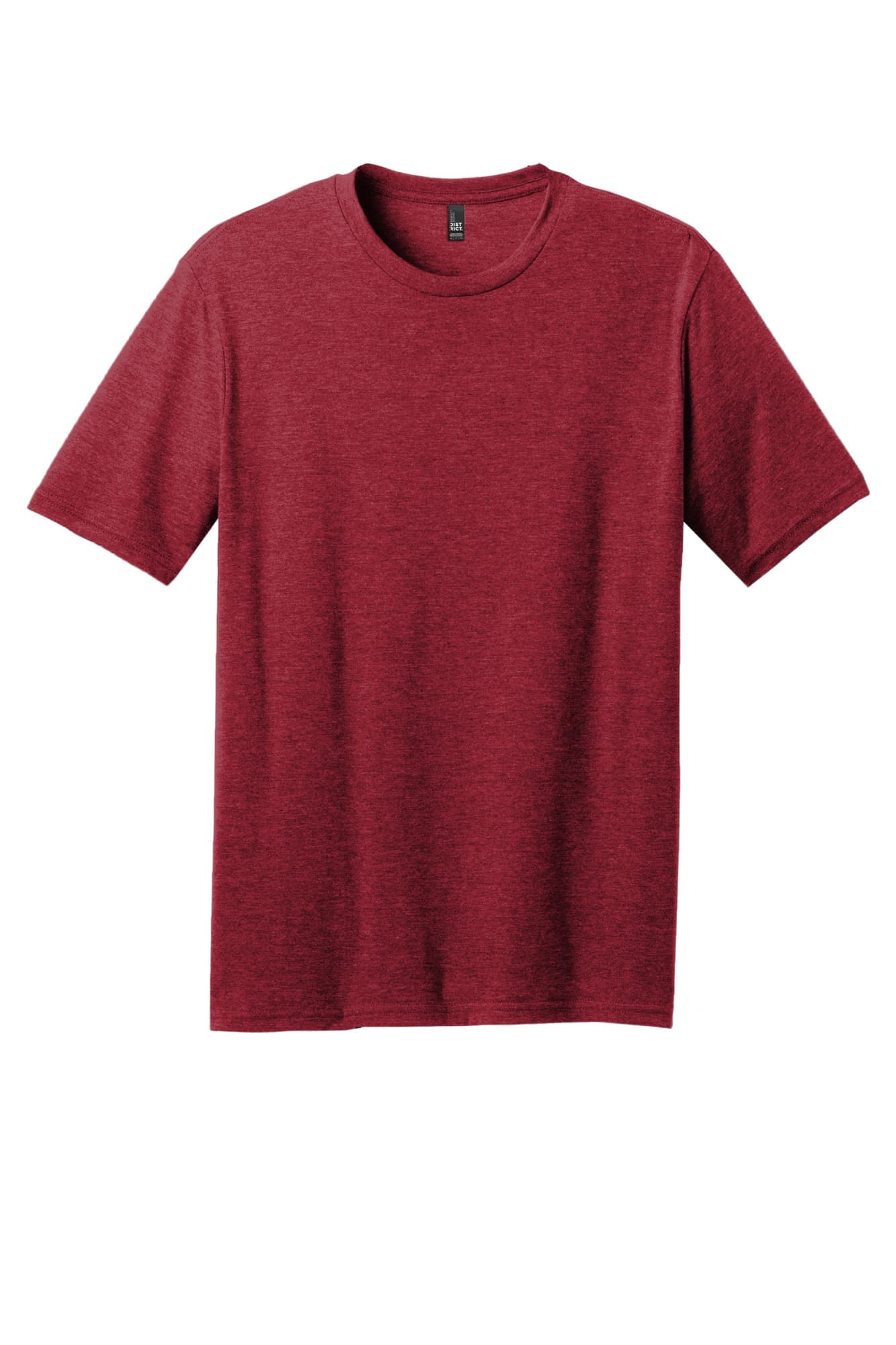 A maroon crew tee with short sleeves and a round neckline. Features a branding logo.