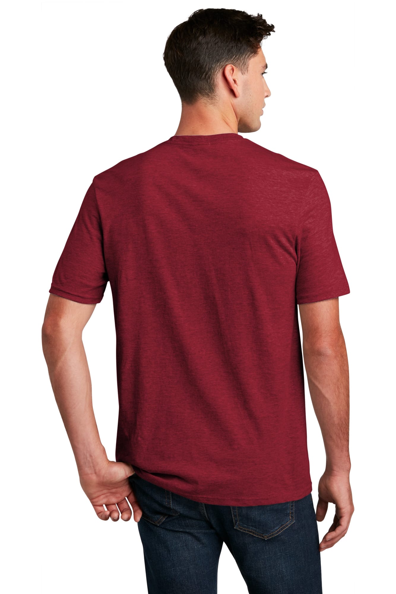 A burgundy crew tee featuring a standard fit, viewed from the back on a model, with a logo on the garment.