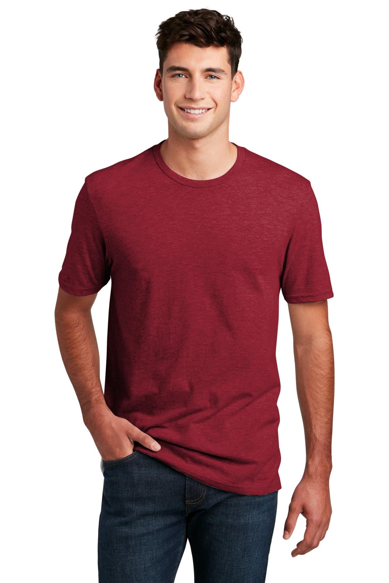 A maroon crew neck t-shirt for men, featuring short sleeves and a casual fit. It includes a logo.
