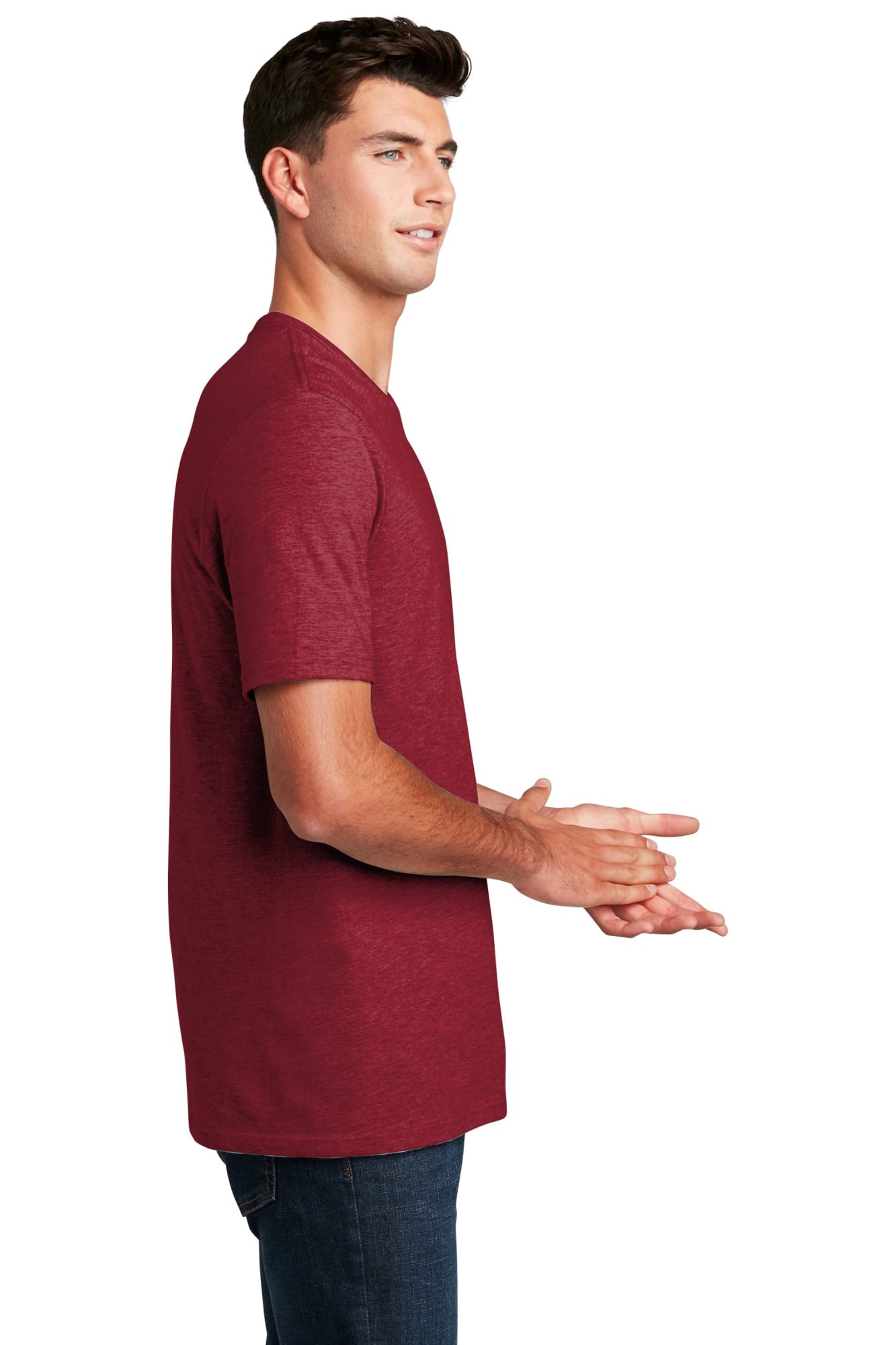 A maroon men's crew t-shirt featuring short sleeves and a relaxed fit, with branding on the garment.