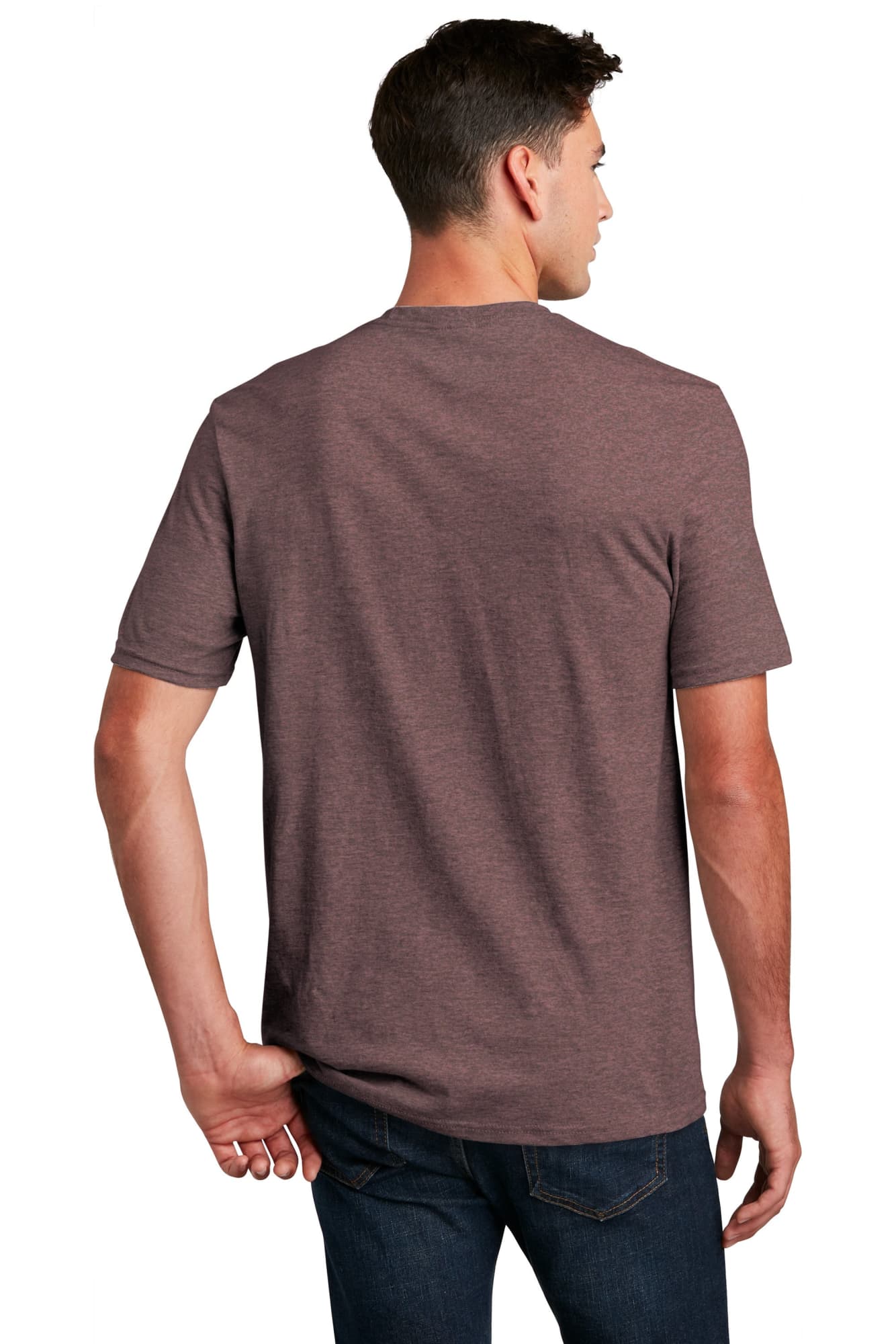 A man wearing a maroon crew tee from the back, paired with dark jeans. The shirt has a logo.