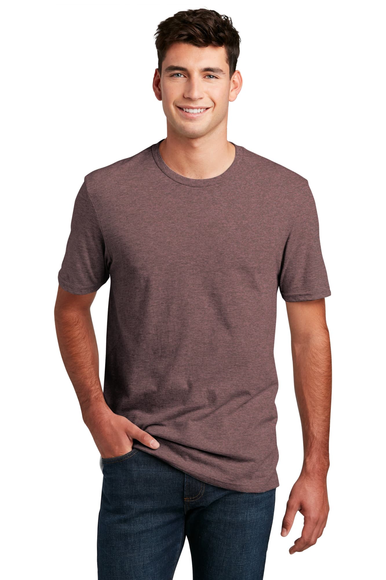 A maroon crew T-shirt for men, featuring short sleeves and a relaxed fit, with a logo on it.