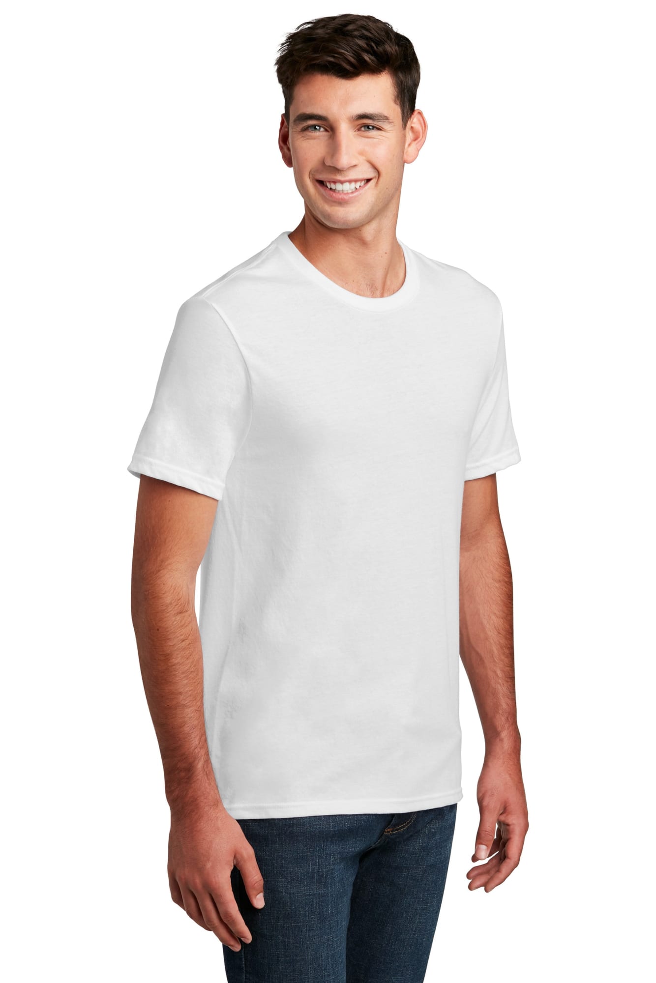 A white men's crew t-shirt featuring a round neckline and short sleeves, with a logo on the side.