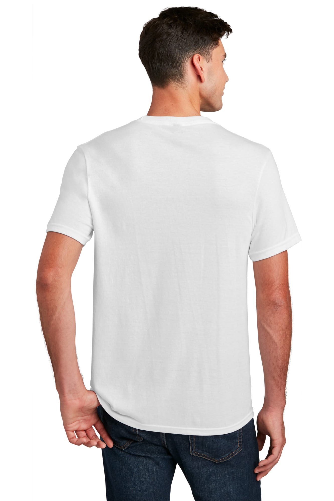 A white crew neck T-shirt viewed from the back, featuring short sleeves and a subtle logo.
