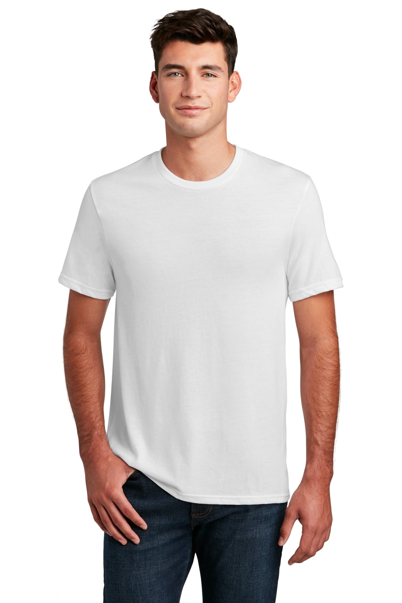 A white crew neck t-shirt worn by a male model, featuring a simple design and a logo on the label.