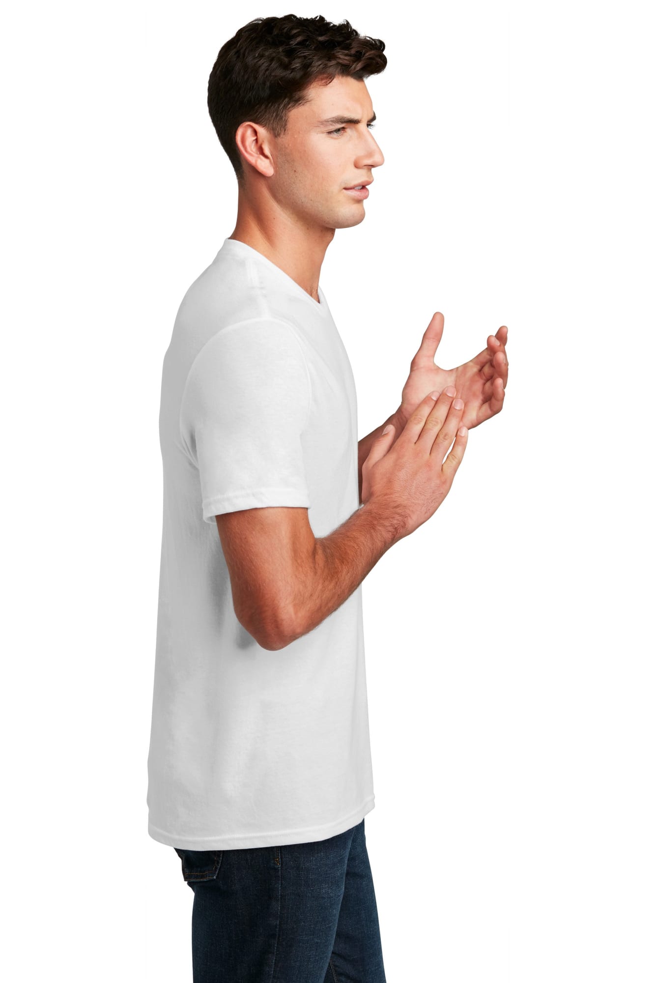 A white crew tee displayed on a model, featuring a logo and styled for a modern fit.