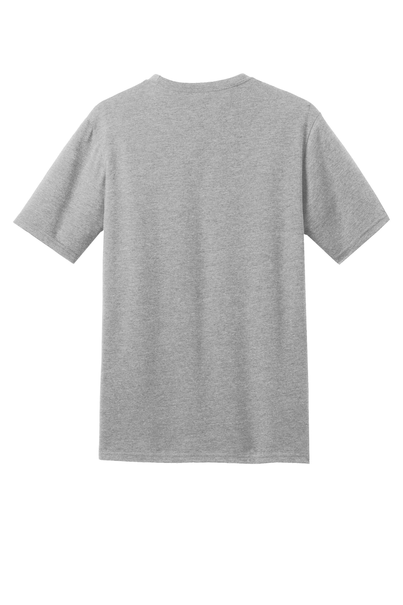 A grey crew t-shirt with short sleeves, featuring a simple design and a logo on the back.