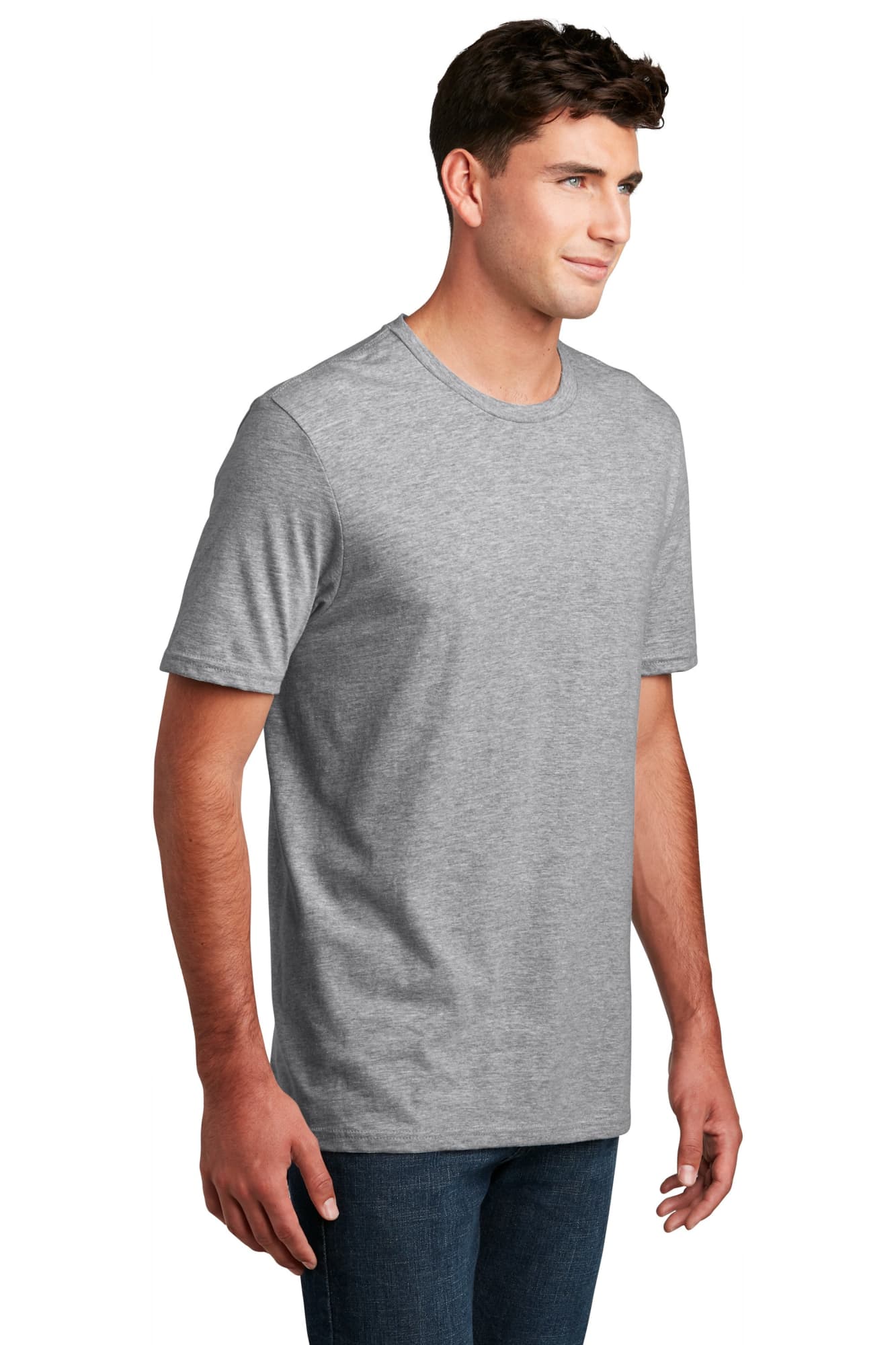 A grey crew neck t-shirt for men, featuring short sleeves and a fitted design, with a logo on it.