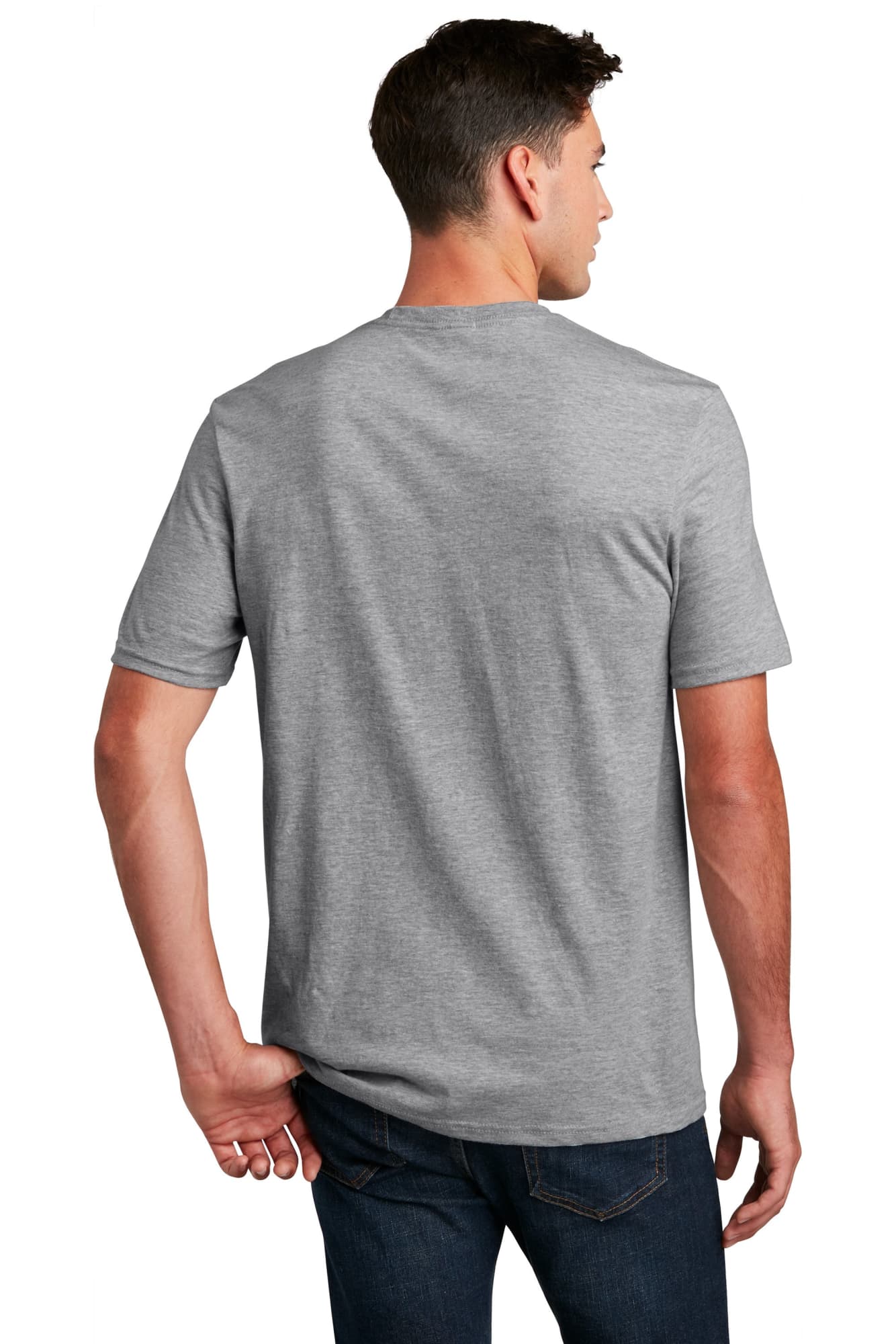 A grey men's crew t-shirt made of a blend of materials, featuring a logo. Phots shows the back view of the shirt.