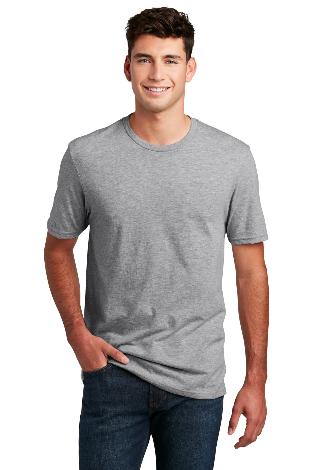 A grey crew t-shirt for men, featuring short sleeves and a standard fit. Includes a logo on the design.