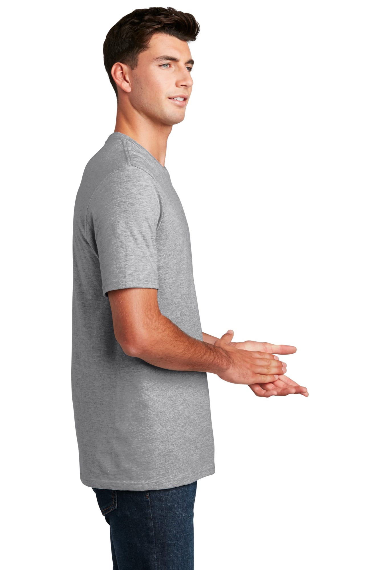 A men's crew t-shirt in heather grey, featuring short sleeves and a logo. The model poses from the side.