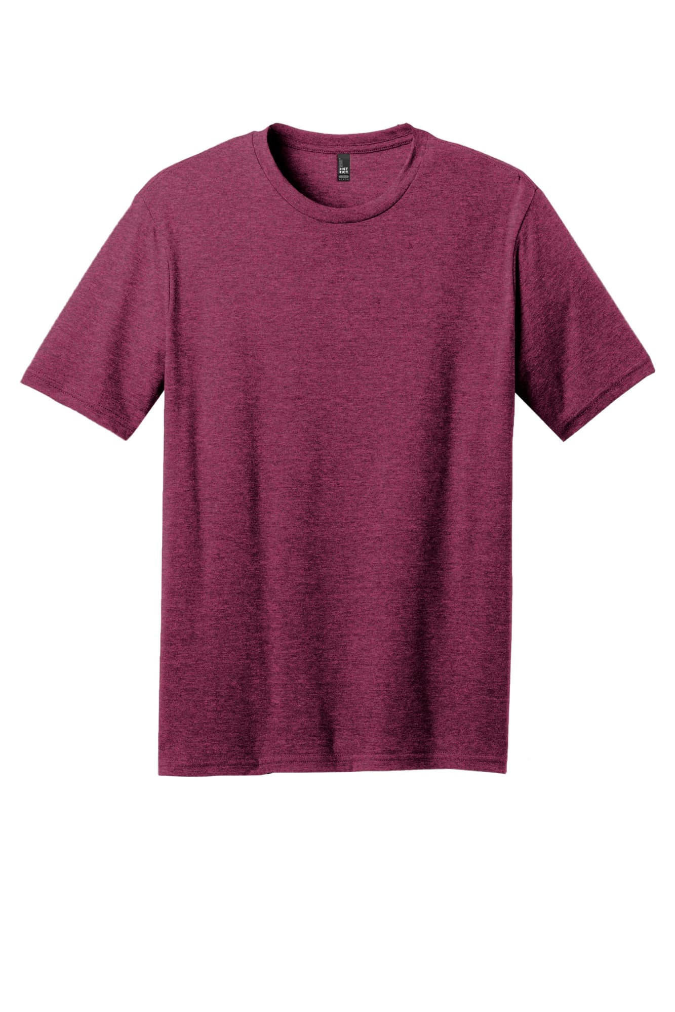 A burgundy crew neck men's t-shirt with short sleeves, featuring a logo.