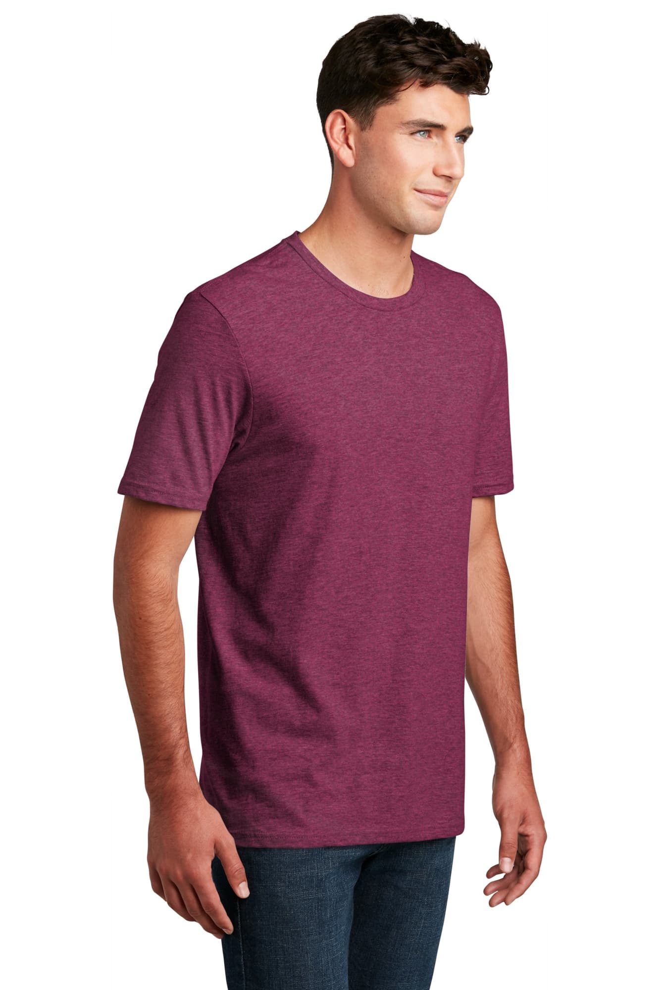 A burgundy men's crew tee featuring a logo, shown on a model standing upright.