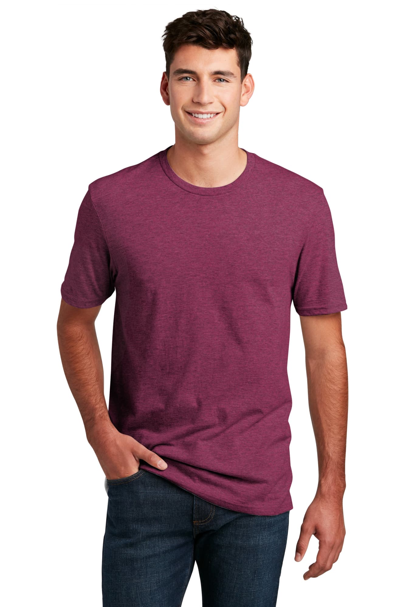 A maroon crew tee featured on a model, made from a blend of materials, with a logo visible.