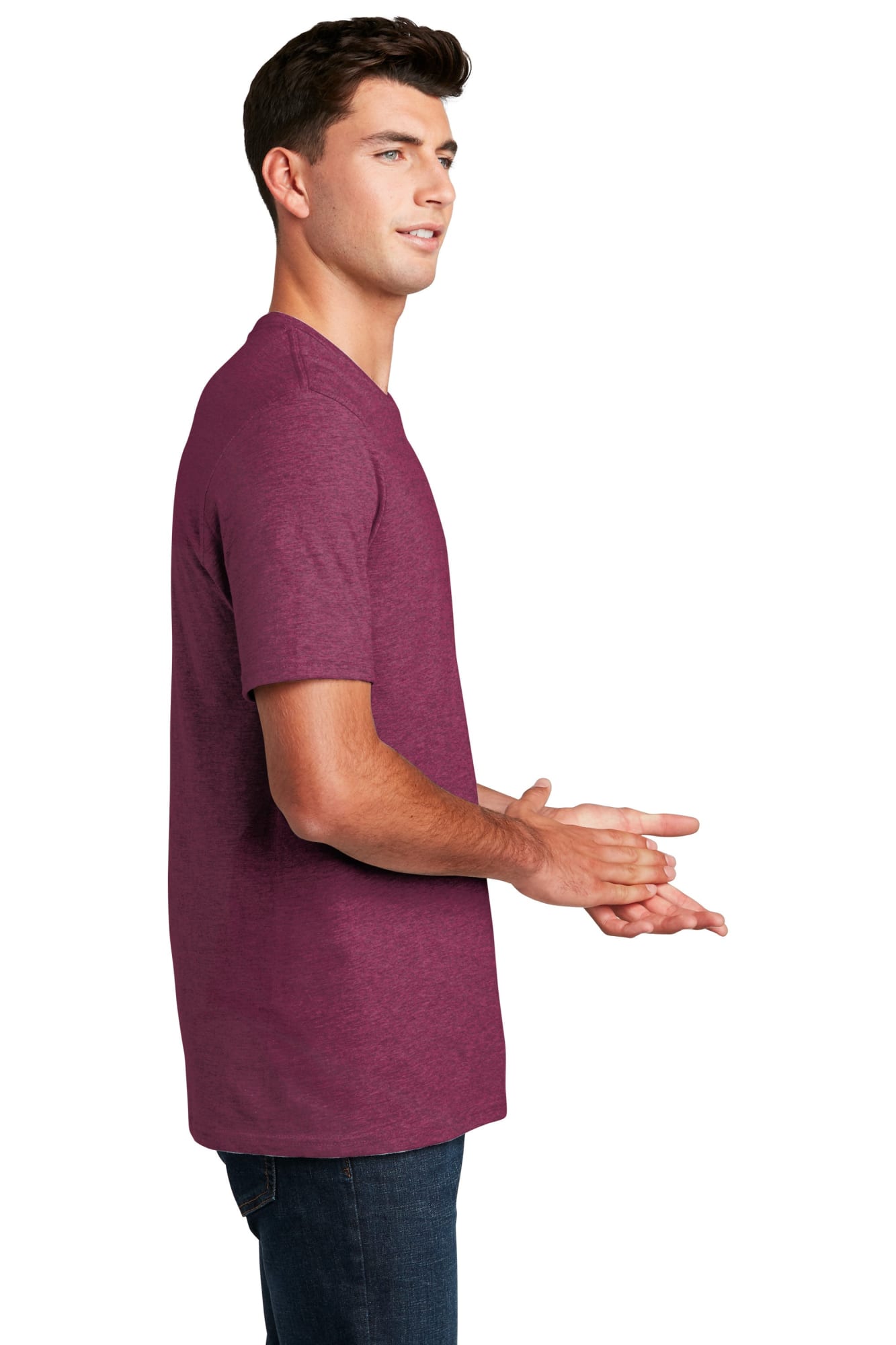 A side view of a man wearing a maroon crew tee shirt. The shirt features a slight logo on it.