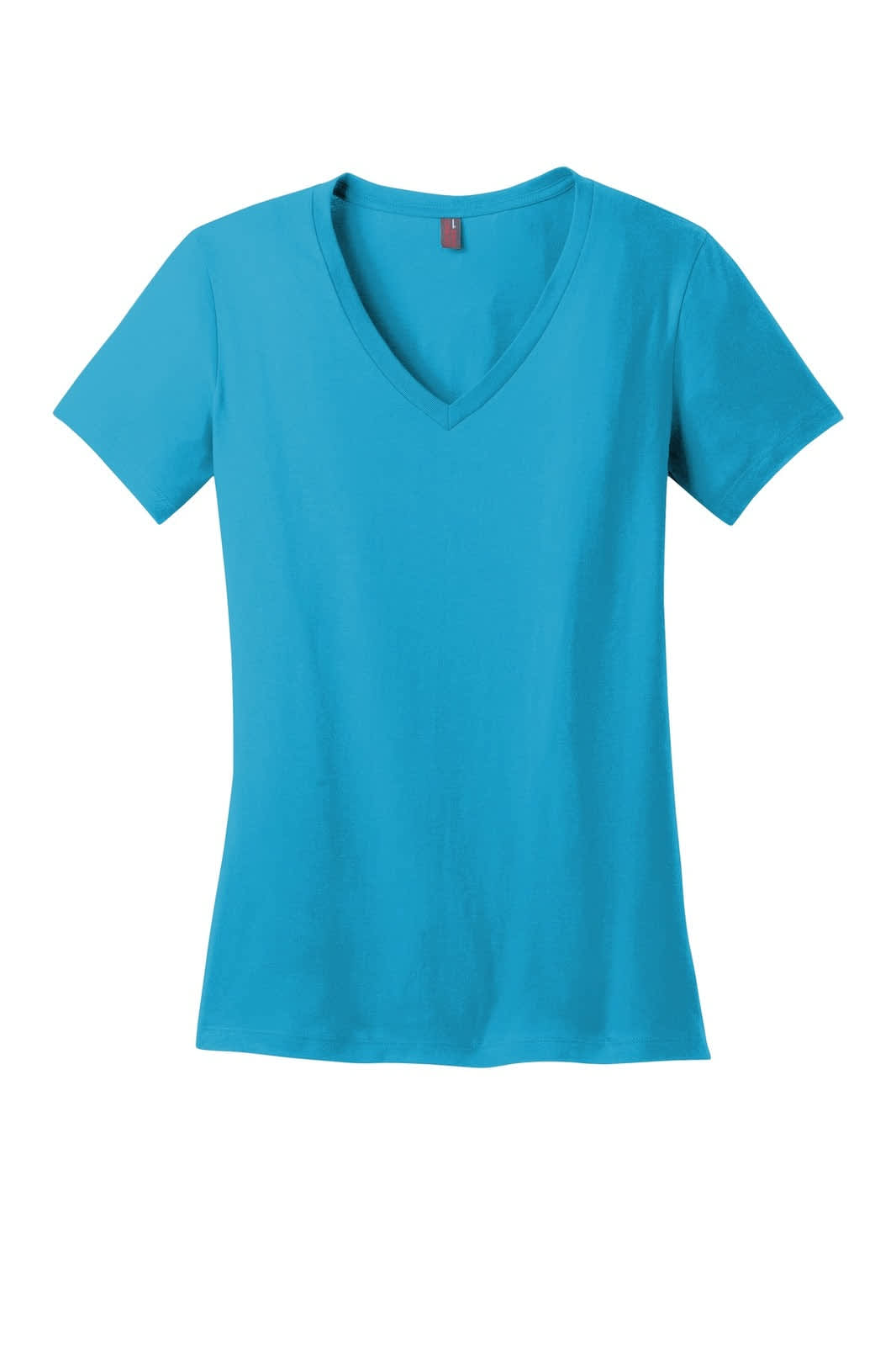 A turquoise ladies' V-neck T-shirt made from soft fabric, featuring short sleeves and a fitted design.