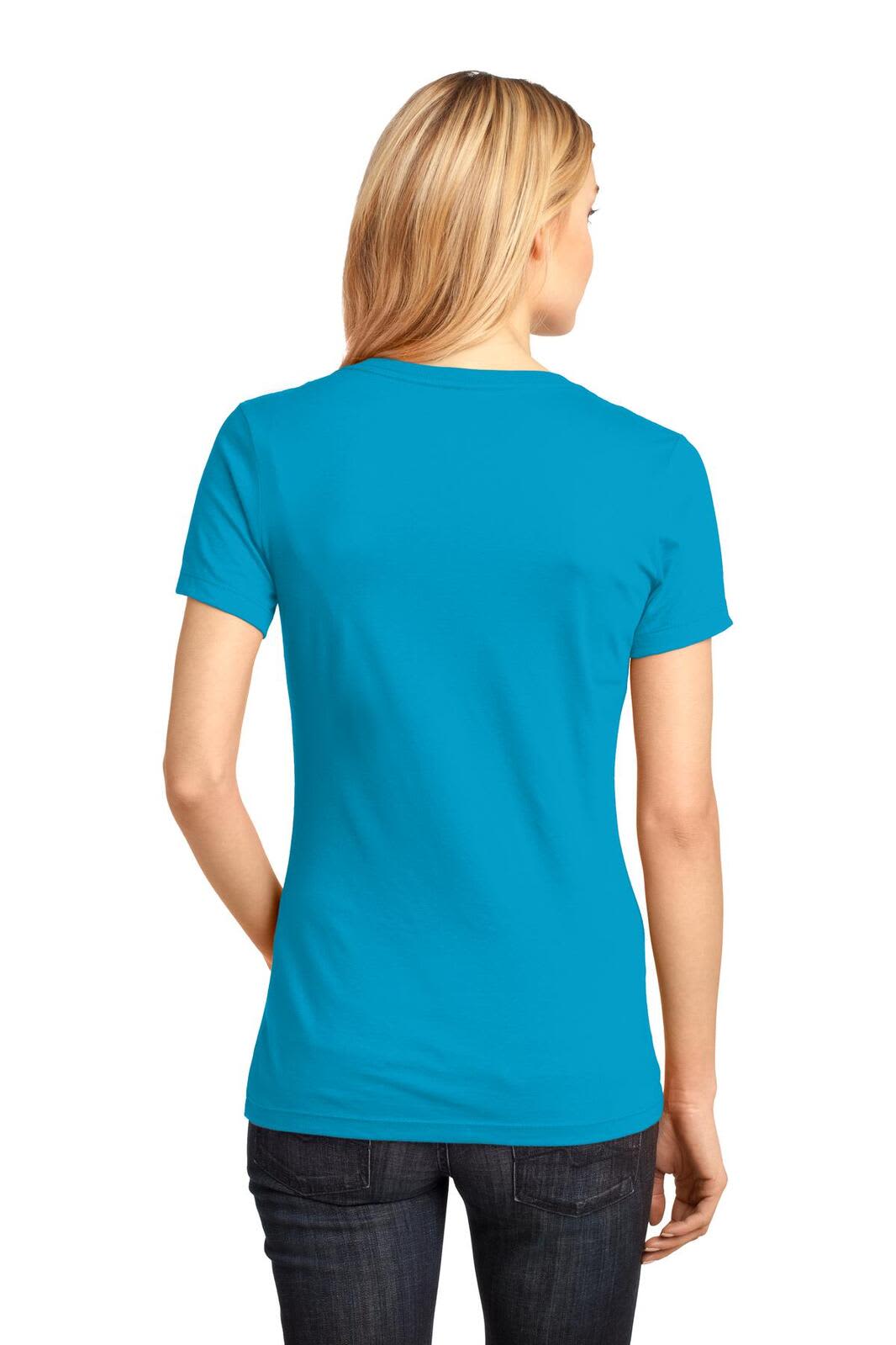 A woman is seen from the back wearing a bright turquoise V-neck tee shirt, with short sleeves and a fitted style.