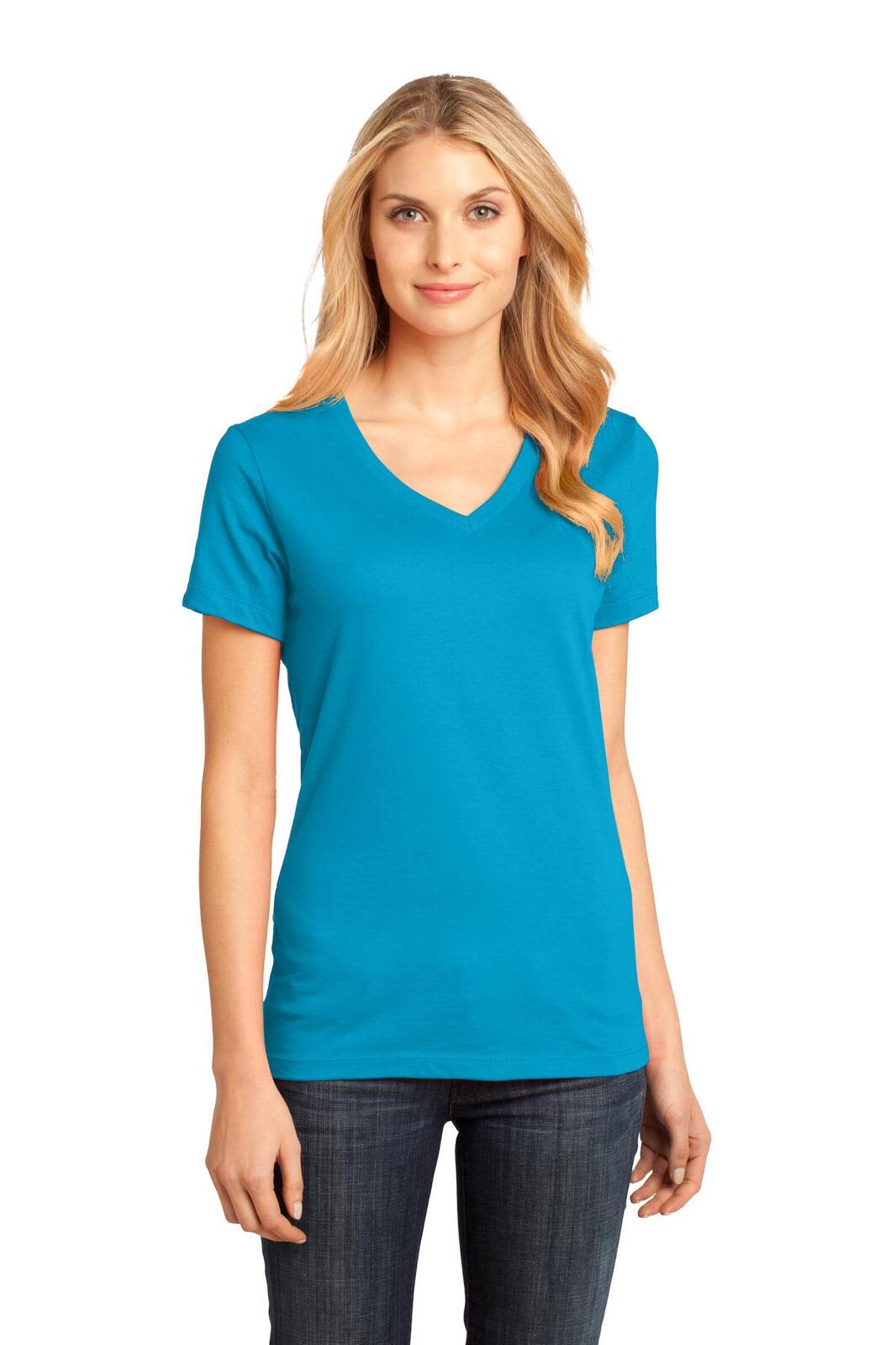 A turquoise V-neck T-shirt for ladies, featuring short sleeves and a fitted design. The model is wearing it with jeans.
