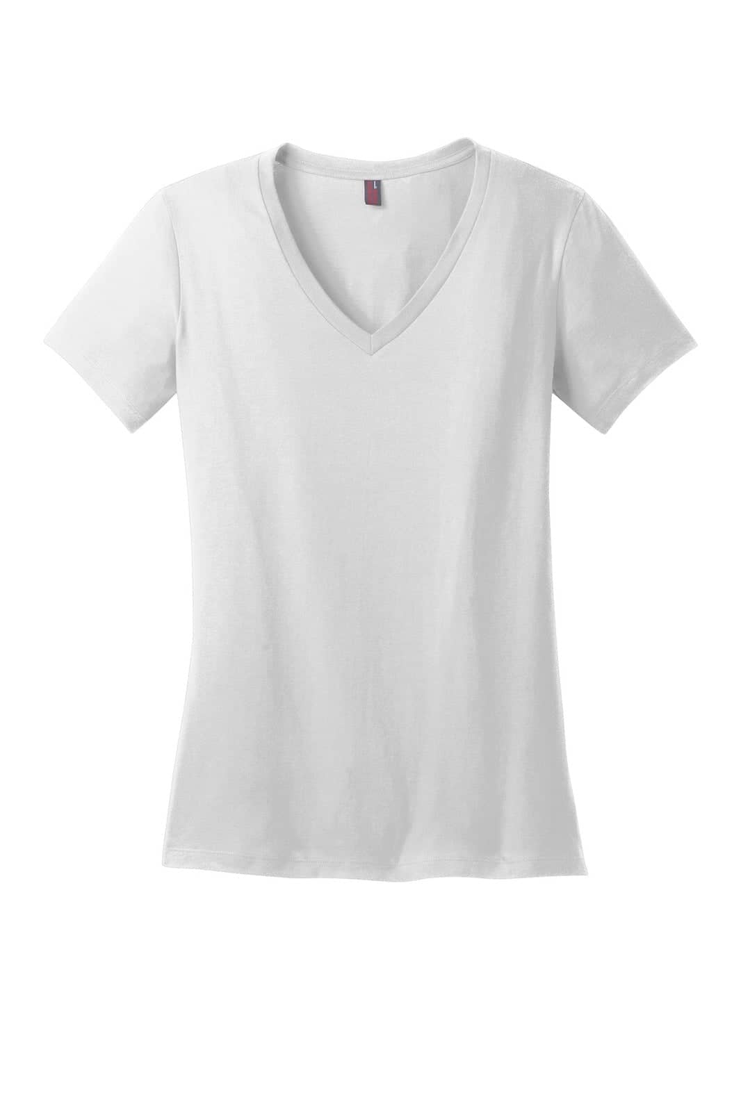 A white ladies' V-neck t-shirt with a fitted style and a logo on the label.